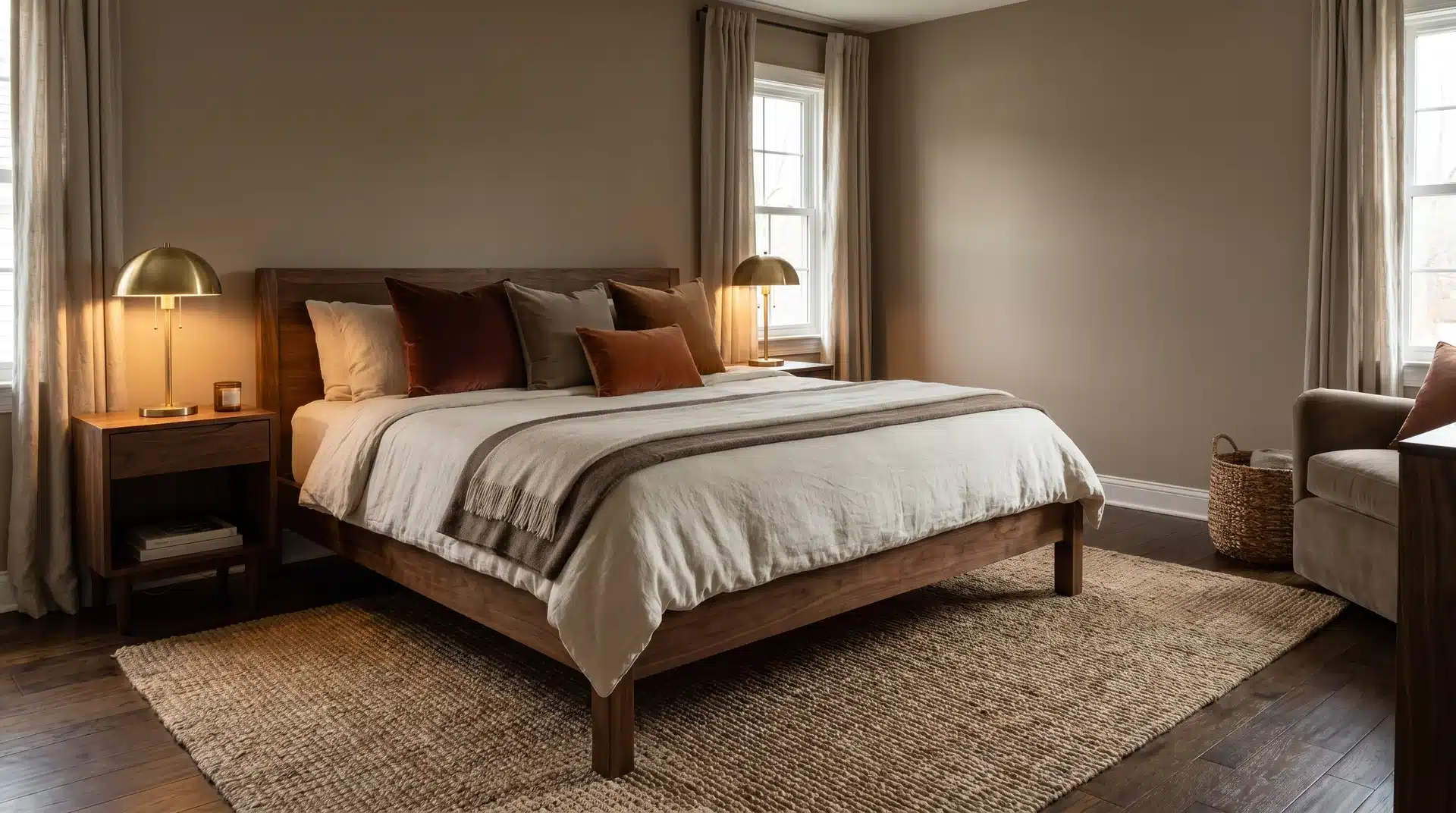Moody neutral bedroom featuring mushroom-colored walls, a dark wood bed with cream and brown bedding, and glowing brass lamps.
