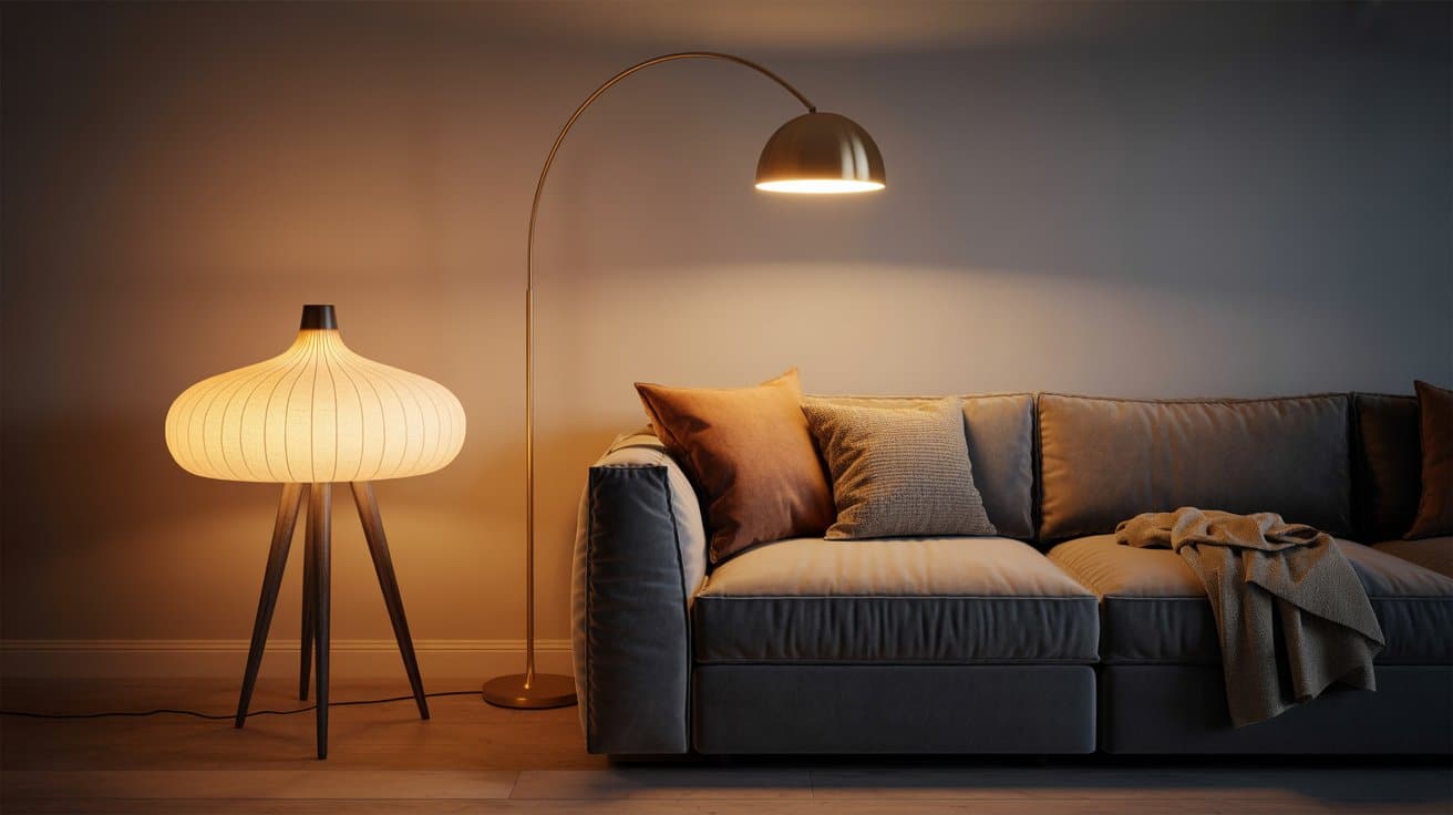 Living room corner with a brass arc floor lamp over a sofa and a mushroom-style floor lamp, providing task lighting and serving as stylish sculptural accents.