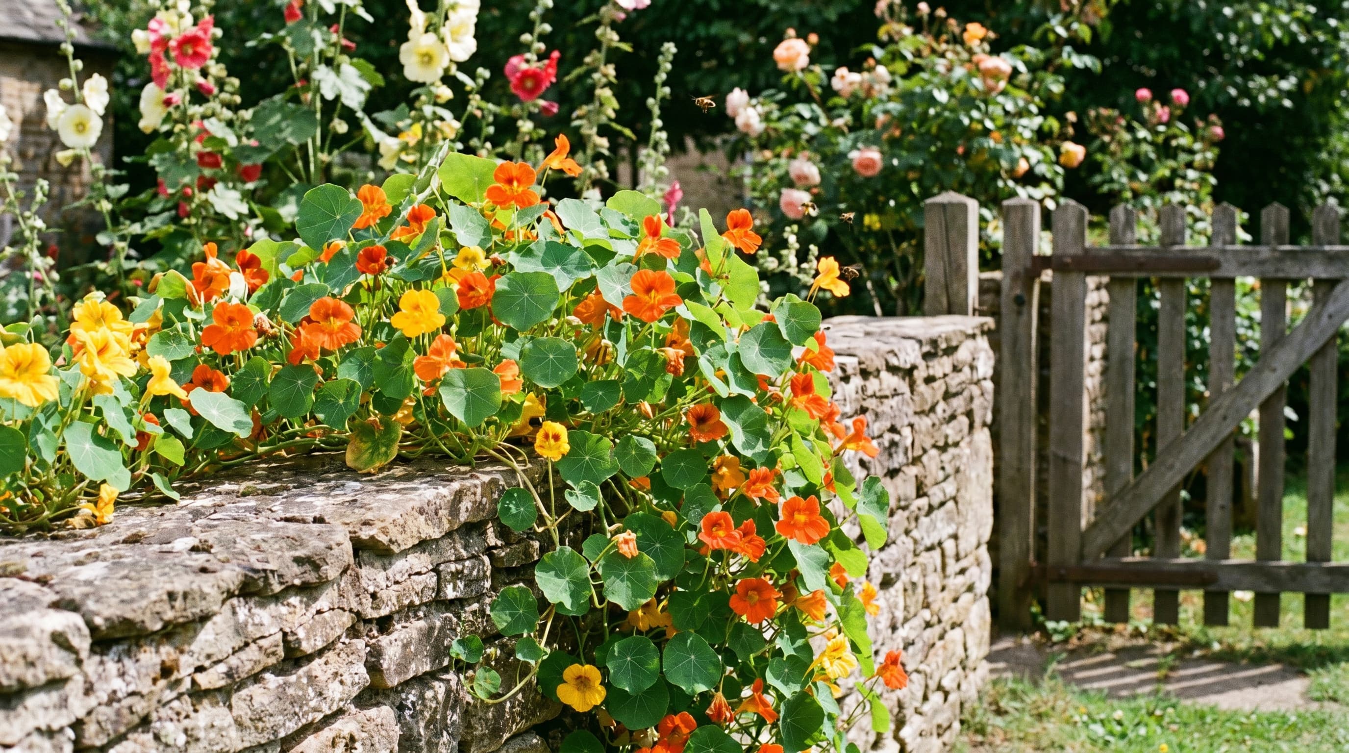Orange and yellow nasturtiums spilling over a rustic stone wall beside a wooden garden gate.