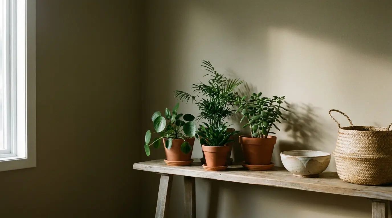 Potted green houseplants on wooden bench beside woven basket and ceramic bowl in softly lit room