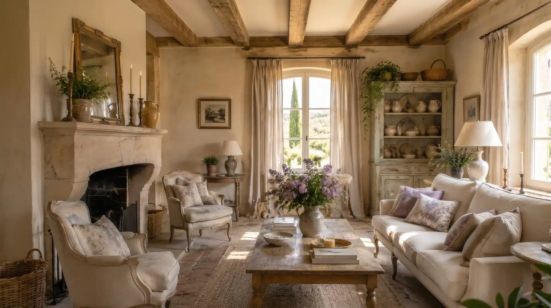Cozy French country living room with three potted plants, soft muted colors, rustic wood beams.