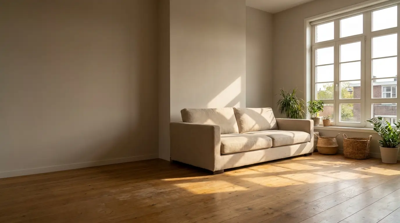 Beige sofa in sunlit living room with large windows and wooden floor