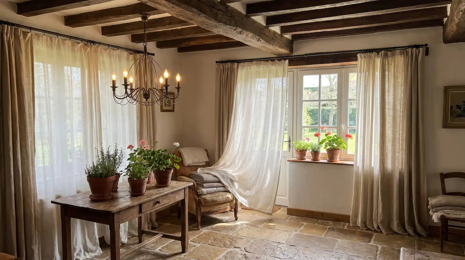 French country room with rustic wooden beams, terracotta potted plants, and soft linen curtains.