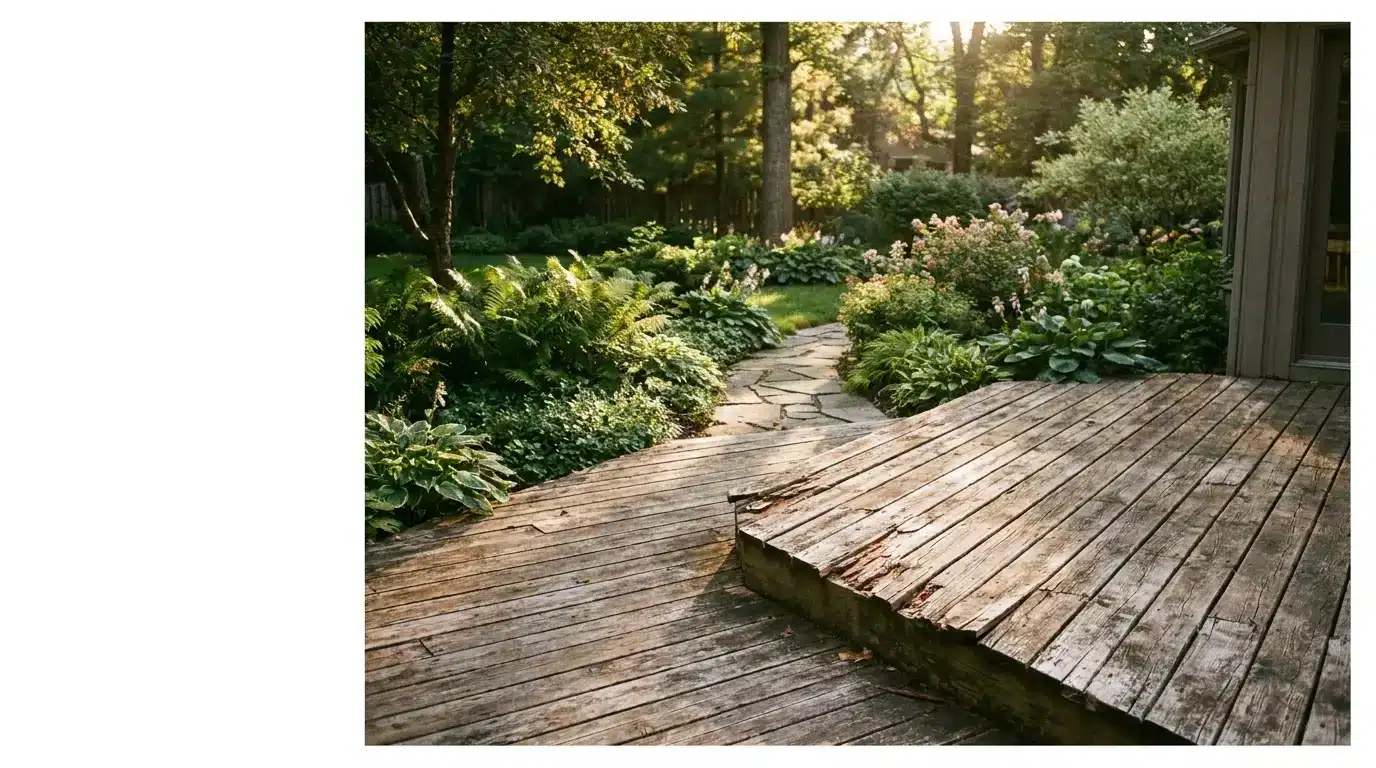 Wooden deck leading to a lush garden path with ferns and shade trees in soft sunlight