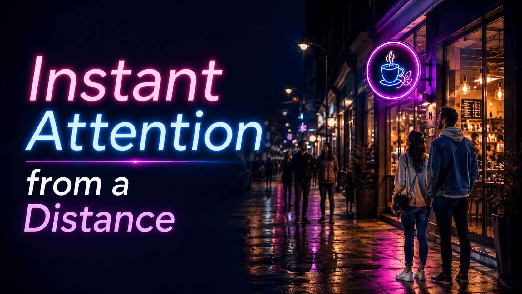 Couple walking past neon coffee sign on a dimly lit city street at night