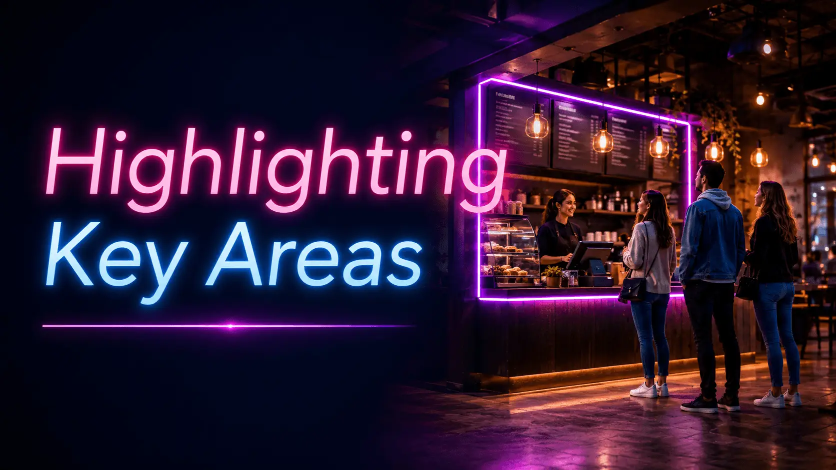 Cafe counter with purple neon lights, barista serving customers, warm ambient lighting