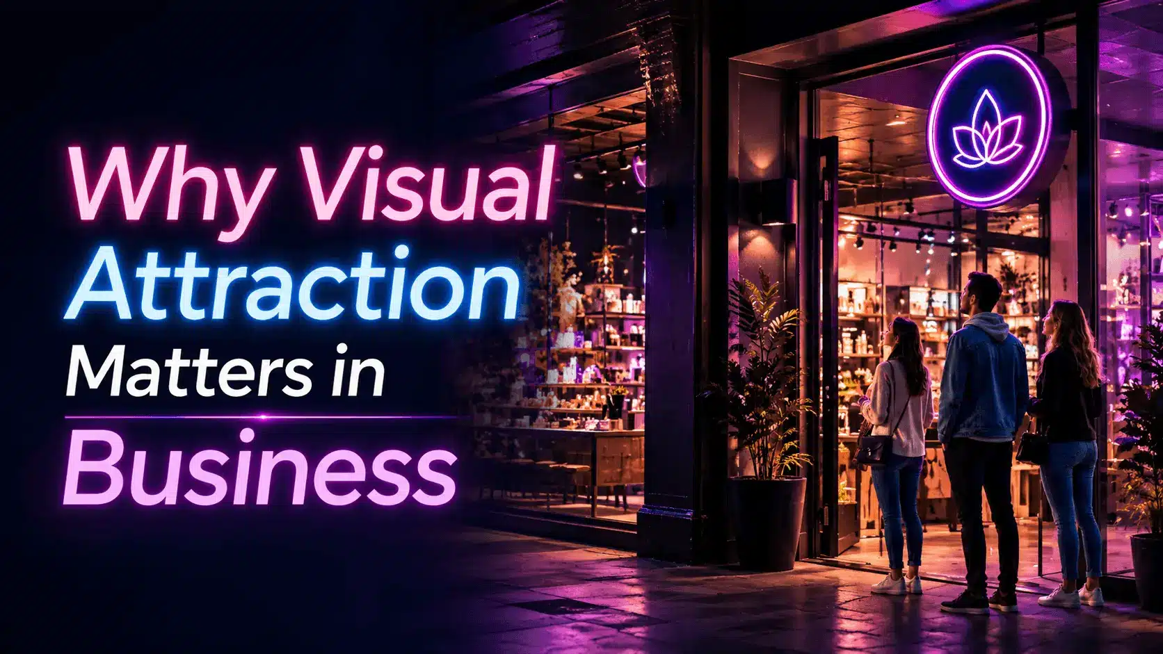 People standing outside a shop with bright neon signage at night