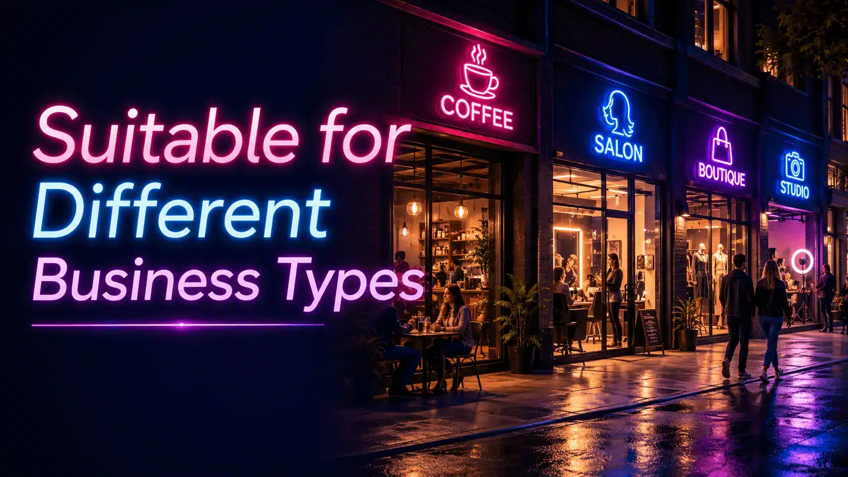 Neon signs for coffee shop, salon, boutique, and studio on bustling city street at night
