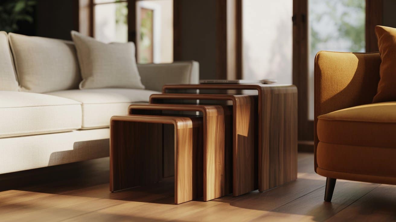 Living room with three nesting tables of different heights next to a sofa and reading chair, providing flexible surfaces and saving space.