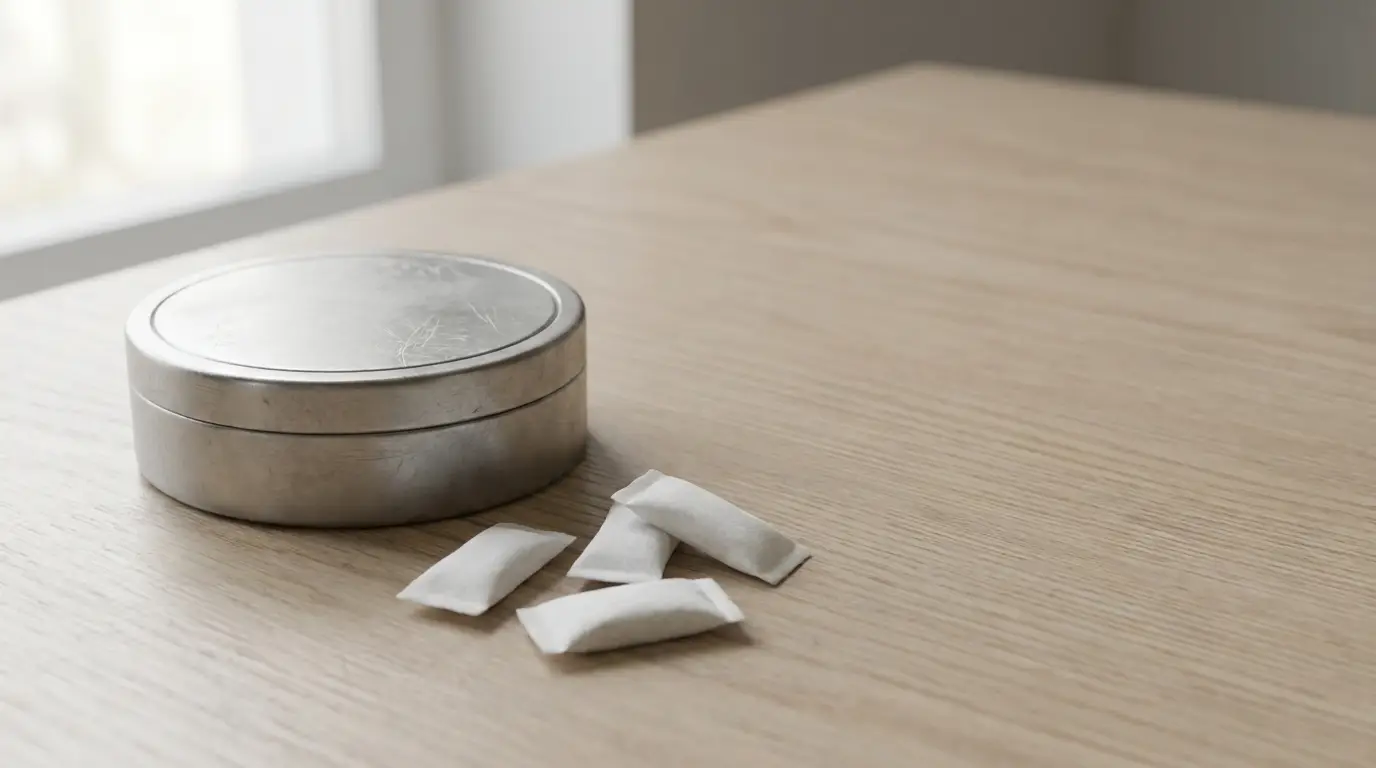 Metal container and small pouches on a light wooden table near a window