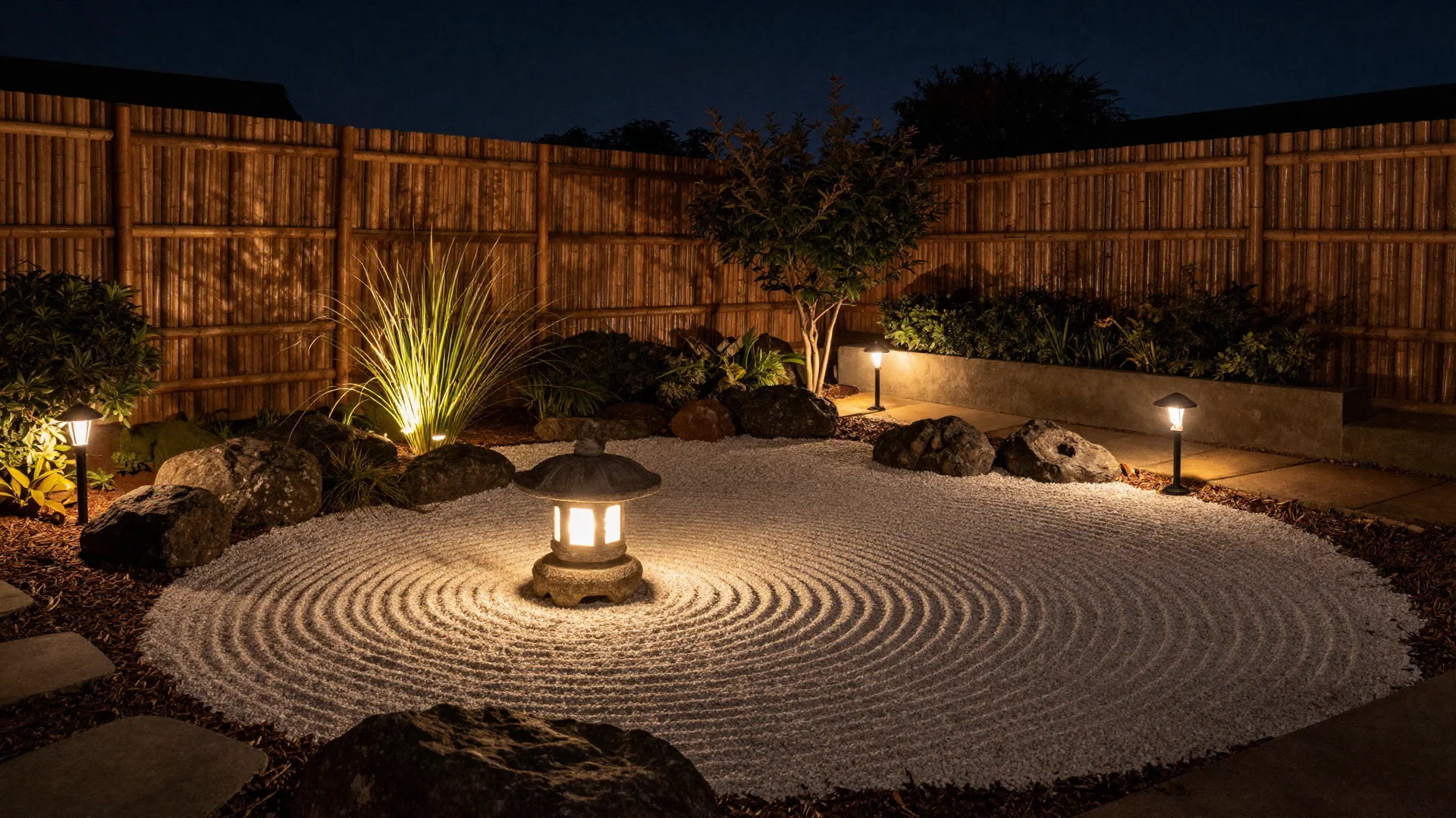 A nighttime zen garden with a traditional stone lantern illuminating concentric circles raked into the sand, surrounded by boulders and soft pathway lights.