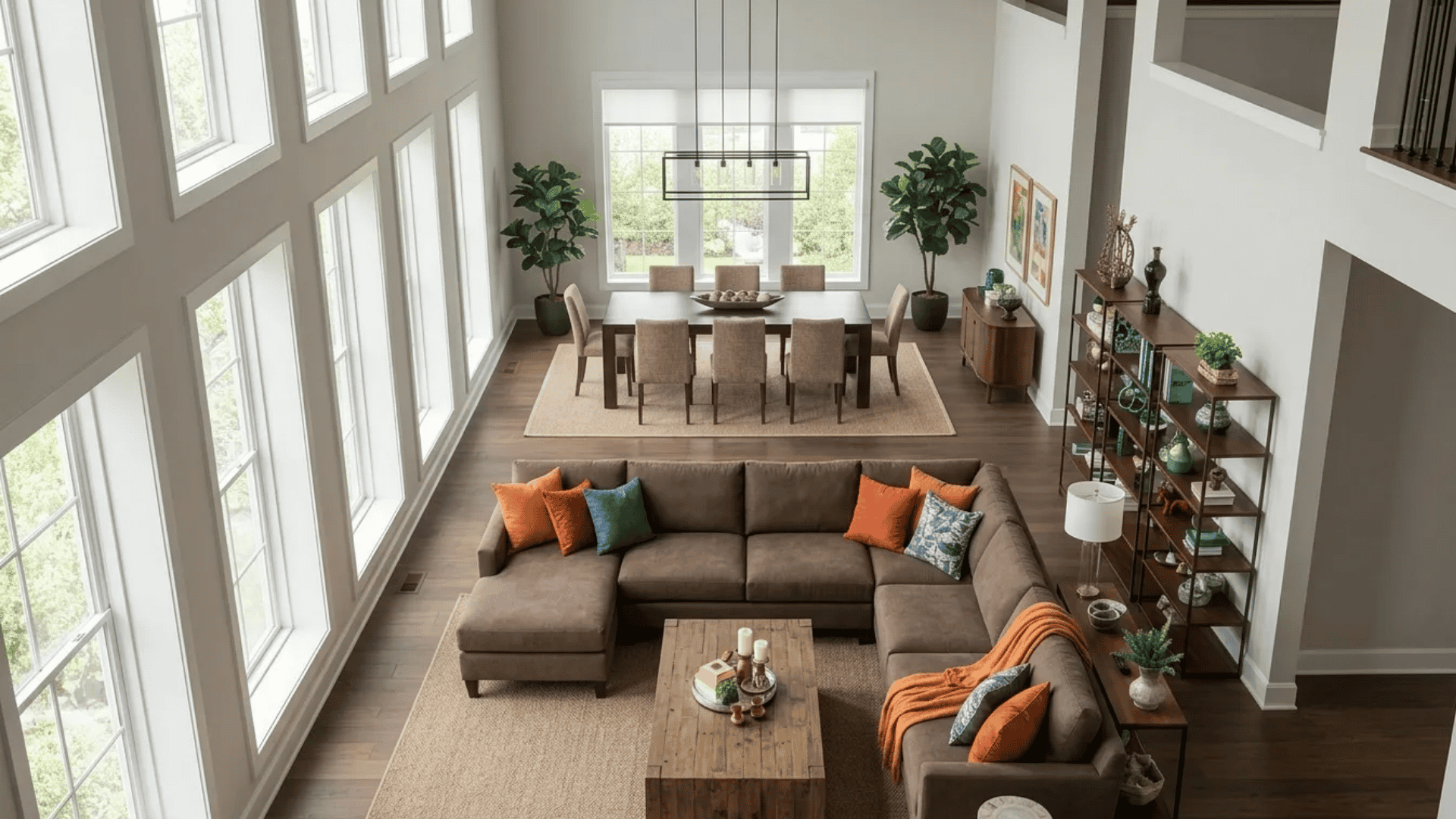 No-wall living room layout with floating sectional seating, open walkways, and seamless flow between the lounge and dining areas.