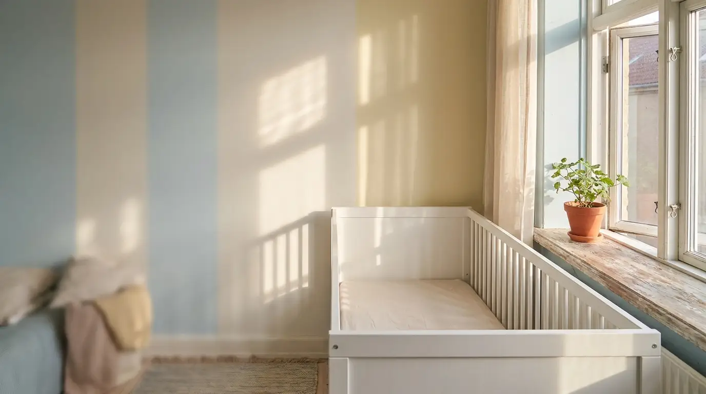 White crib beside sunlit window with potted plant in a pastel-colored room