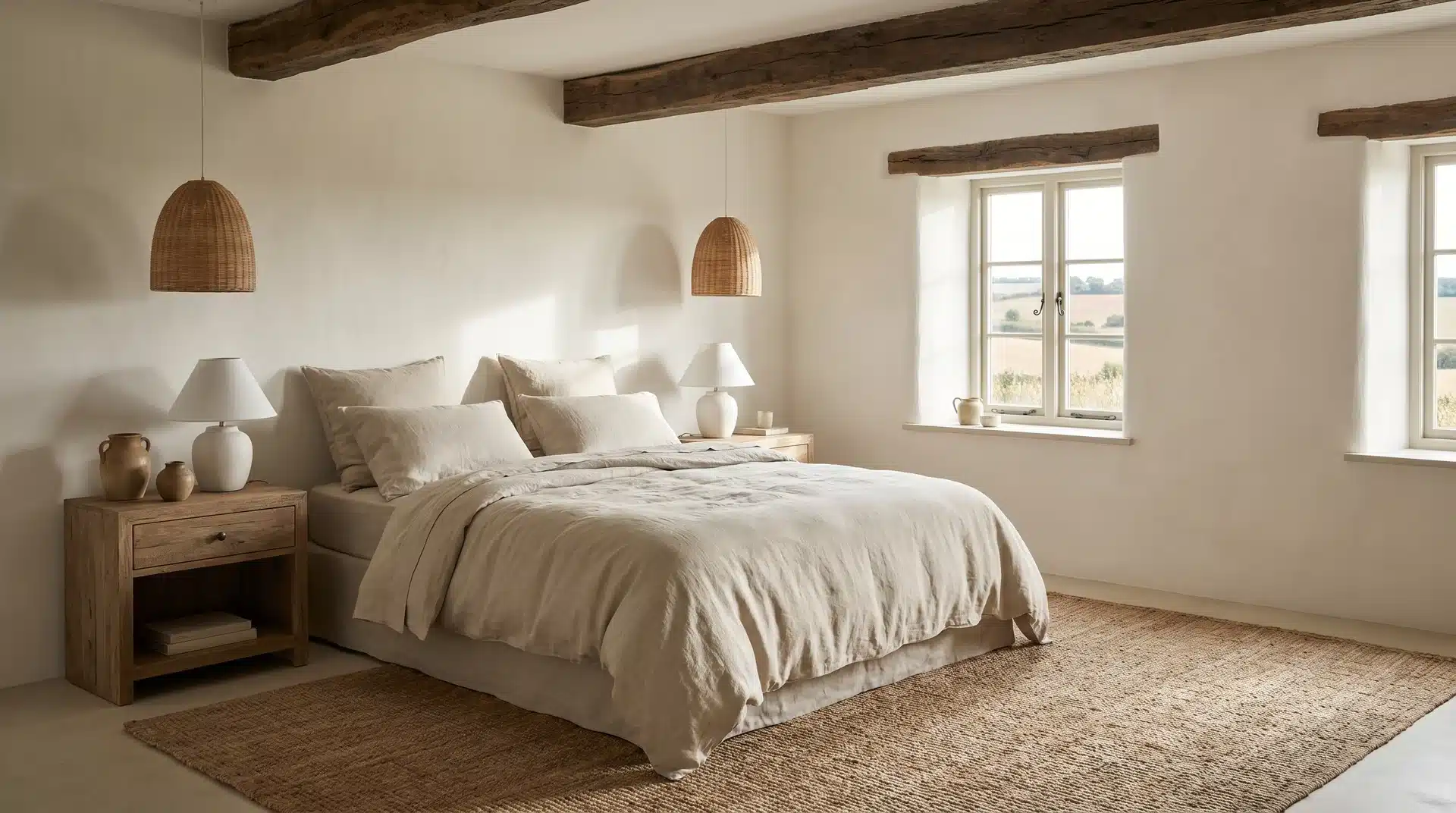 Neutral bedroom featuring a modern vertical channel-tufted velvet headboard, layered cream bedding, and soft warm lighting.