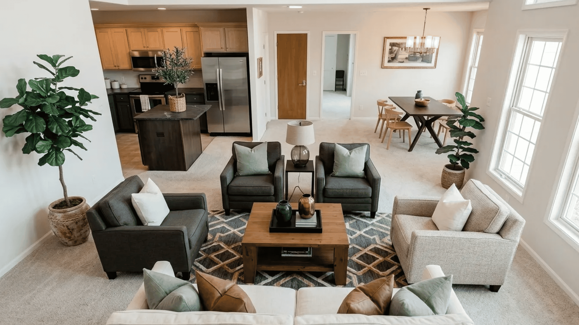 Open concept multi pathway living room layout with a centered conversation area connecting the lounge, kitchen, and dining spaces seamlessly.