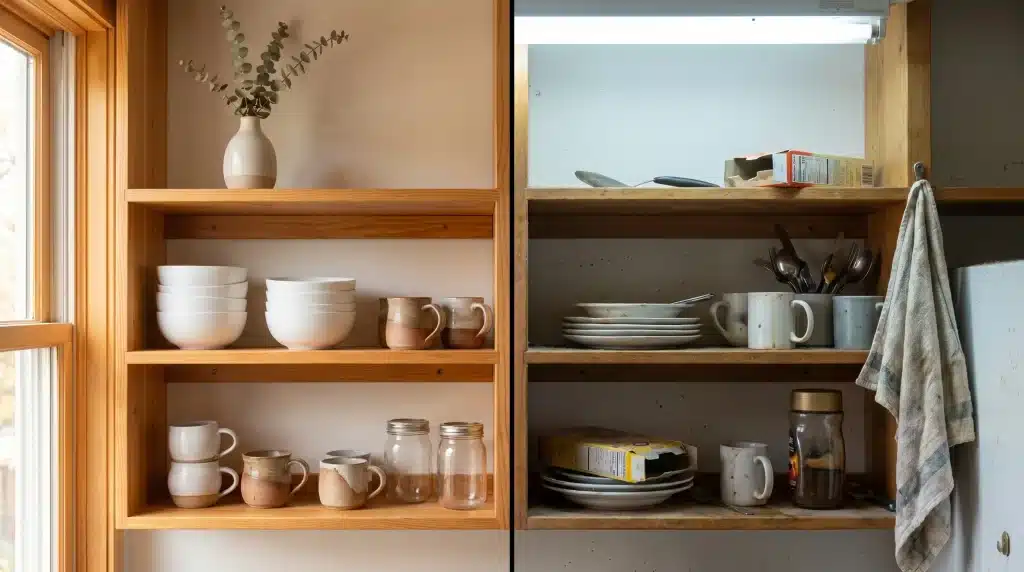 Wooden kitchen shelves with stacked dishes, mugs, and jars, under natural light from nearby window