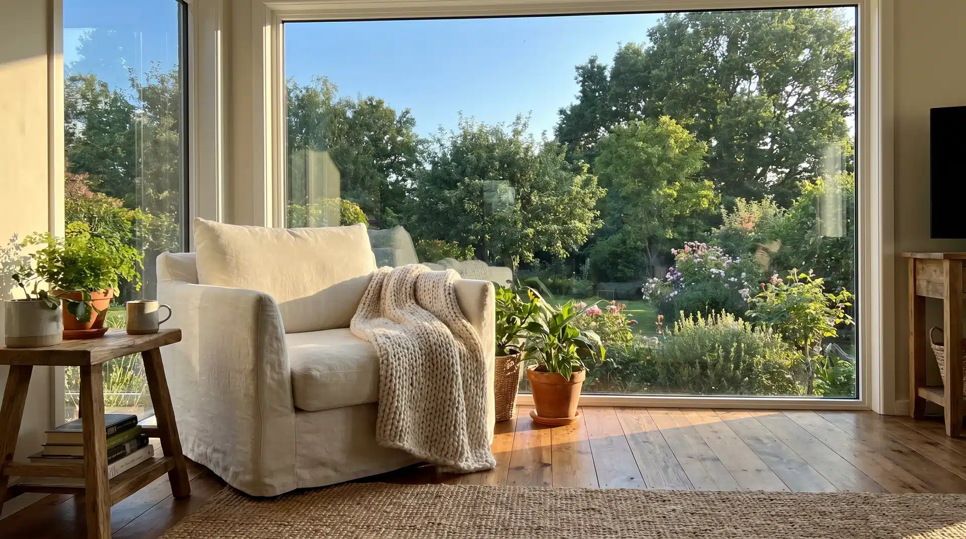 A cozy armchair with a knit throw blanket positioned next to a large floor-to-ceiling window overlooking a lush garden.