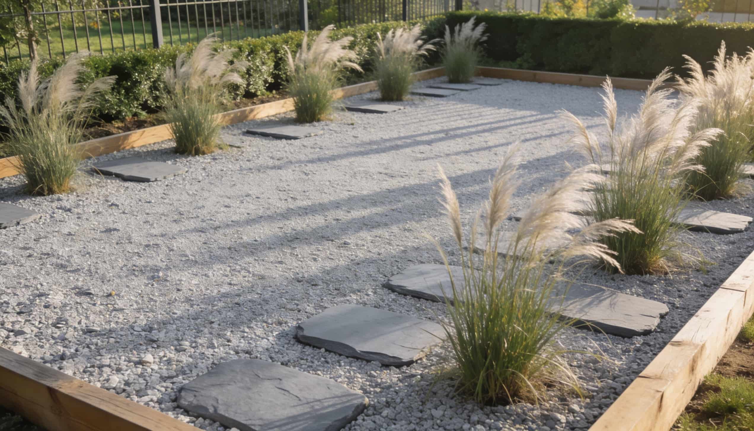 A wide bed of light gray gravel with several tufts of tall, fluffy ornamental pampas grass and flat stone stepping paths.