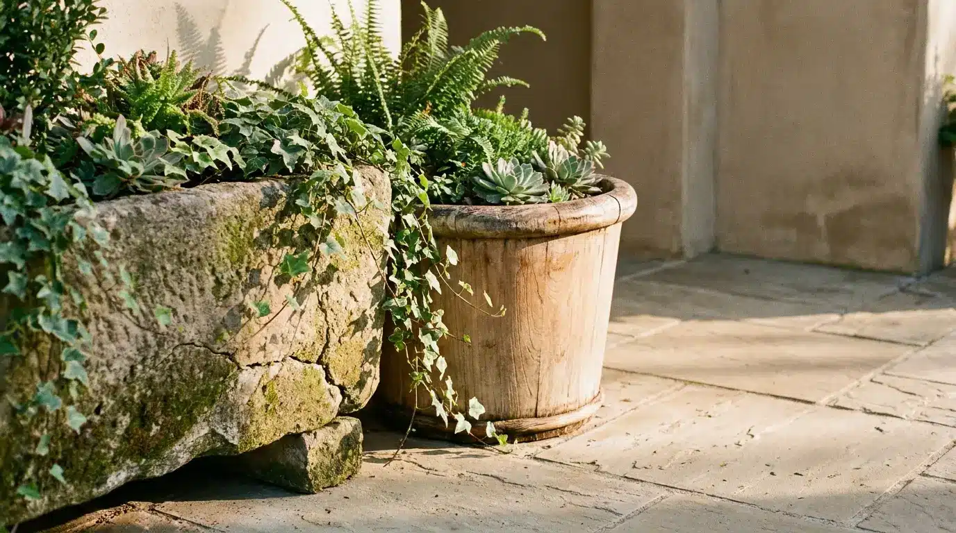 Stone and terracotta planters with lush green plants on sunlit patio