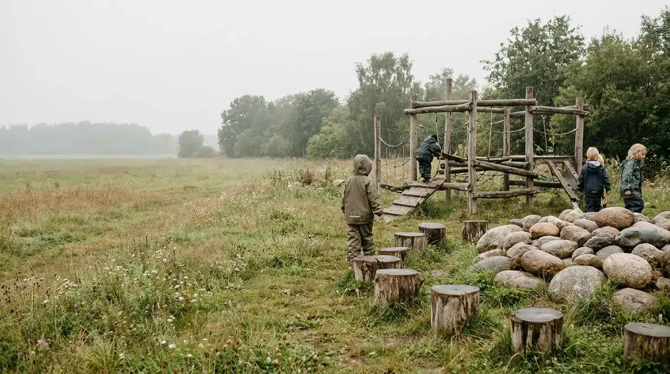 Children playing on wooden playground structure in misty outdoor field with scattered rocks and tree stumps