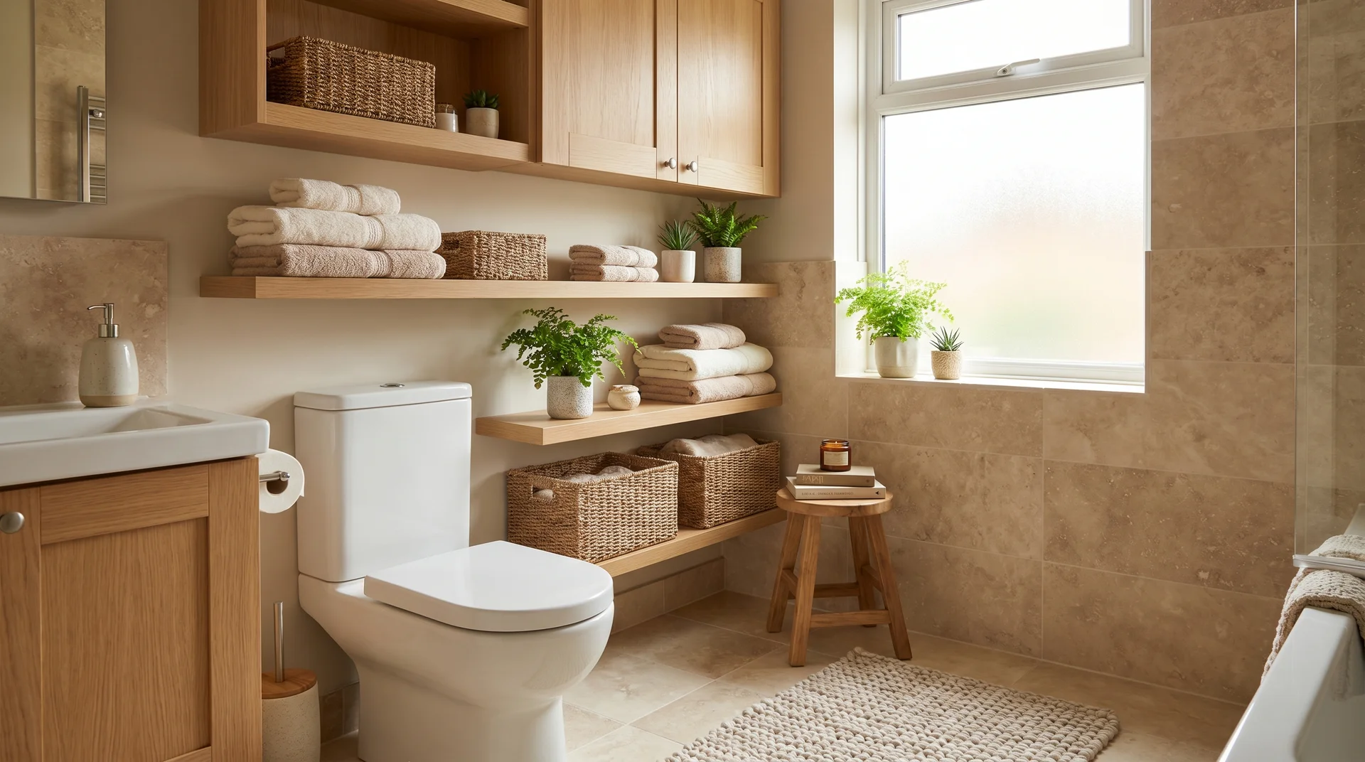 Bathroom with over-toilet shelves, baskets, and neatly folded towels.