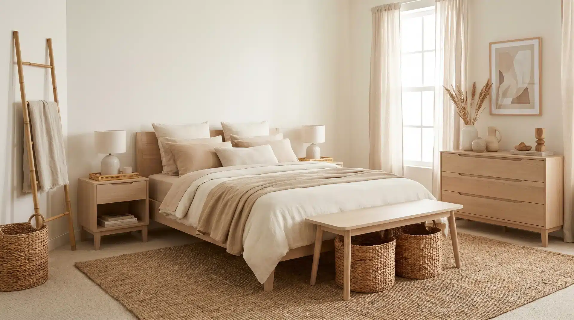 Neutral bedroom featuring pale oak furniture, layered beige and cream bedding, a large woven area rug, and minimalist natural decor.