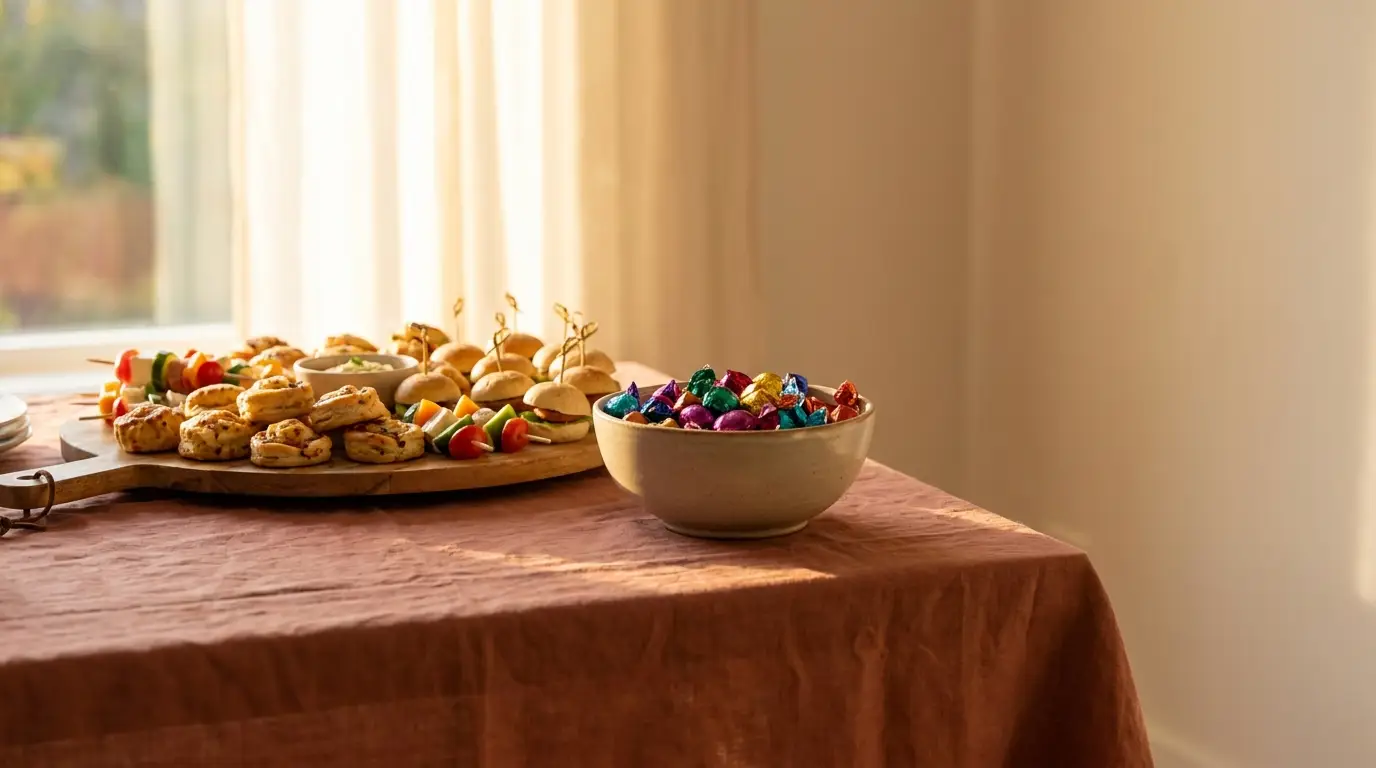 Assorted appetizers and chocolates on a wooden board and table in warm sunlight