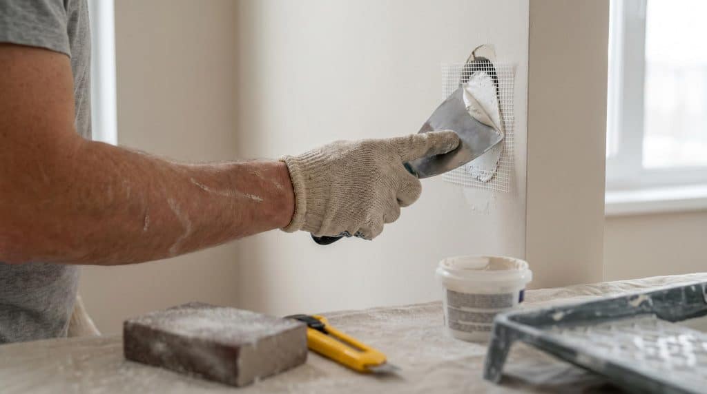 A person wearing a glove patches a hole in a wall using a putty knife and joint compound, with a utility knife and sanding block on the nearby surface.
