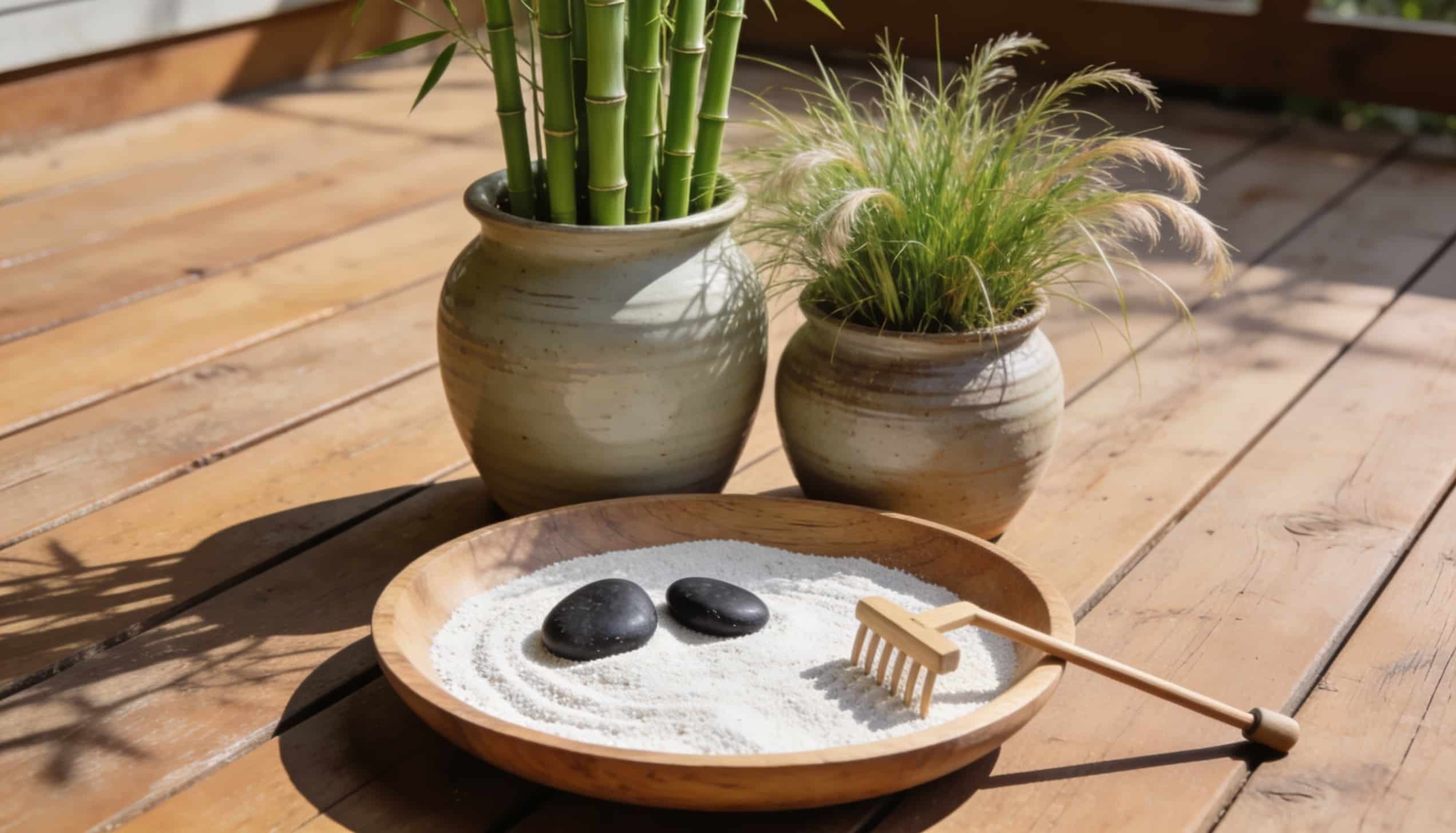 A wooden tabletop tray with raked sand, smooth dark stones, and a miniature rake, set next to potted plants on a wooden deck.