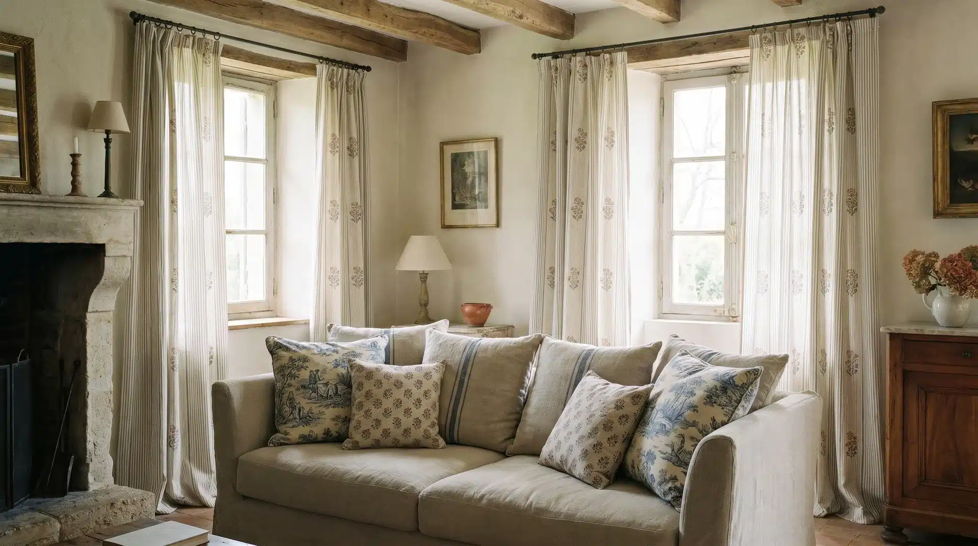 French country sofa with patterned throw pillows and soft curtains, cozy rustic living room.