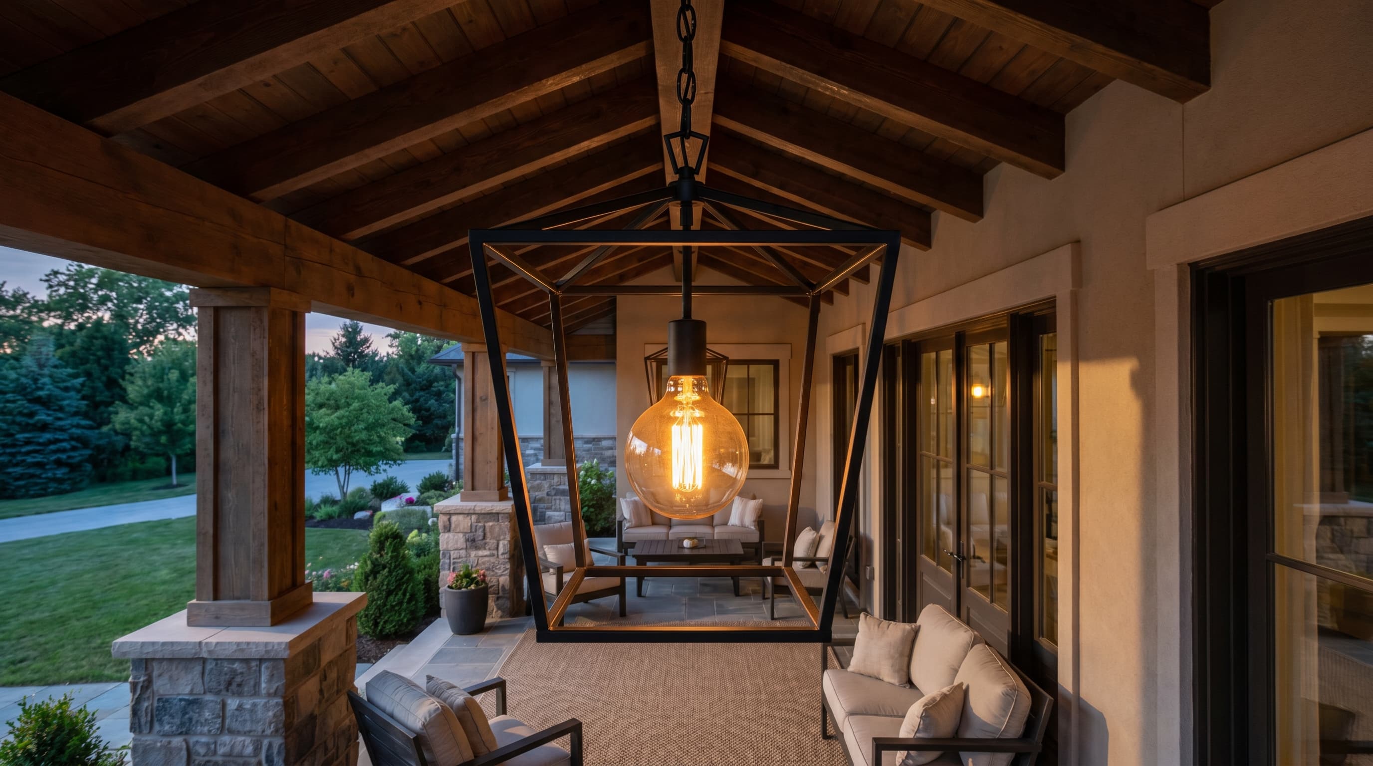 Front porch lantern ideas with a large black pendant lantern hanging from the porch ceiling with a warm, glowing bulb inside.