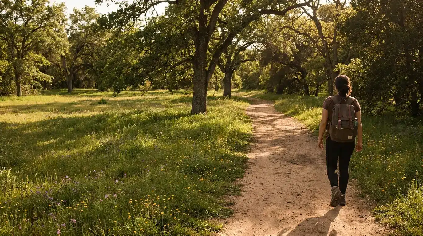 Woman with backpack walking on dirt path in sunlit forest clearing