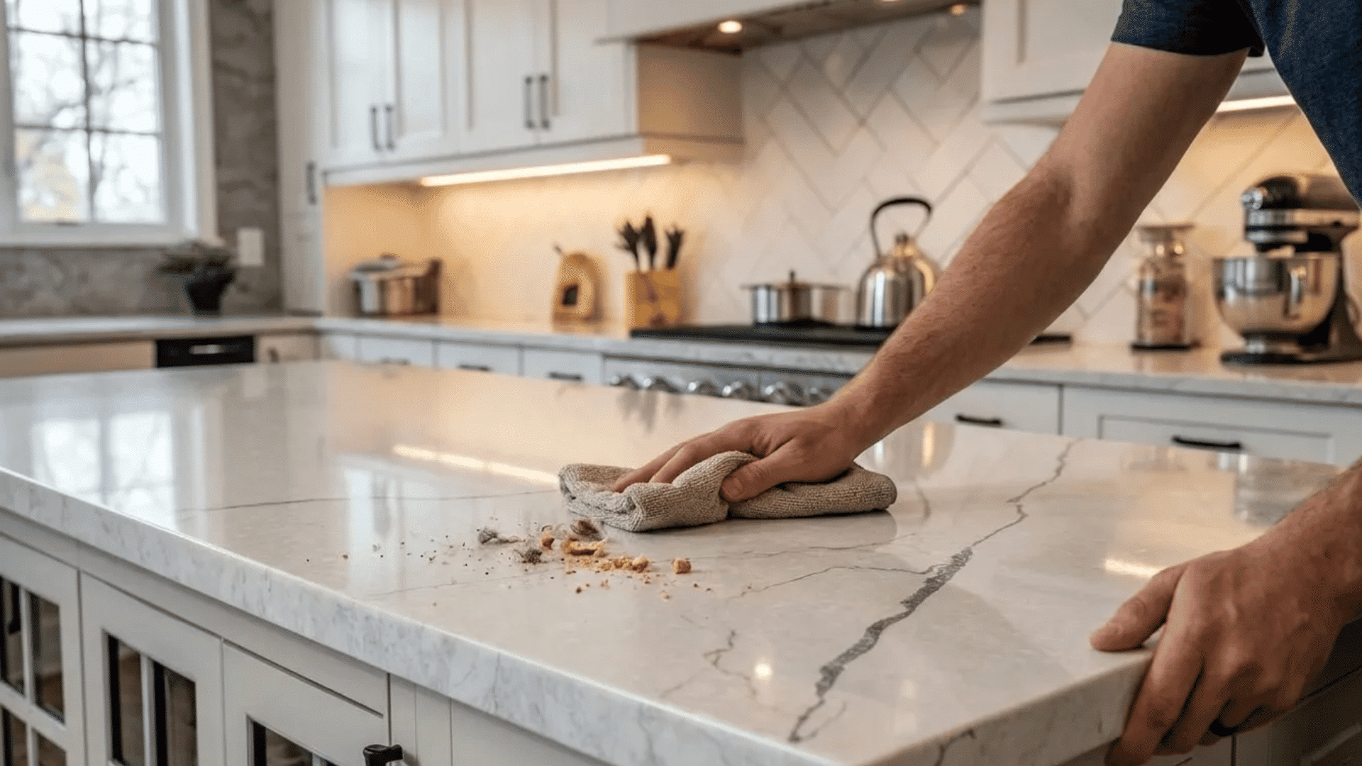 Person wiping crumbs from a white quartz countertop in a modern kitchen with soft lighting, marble-style veining, and clean shaker cabinets in the background.