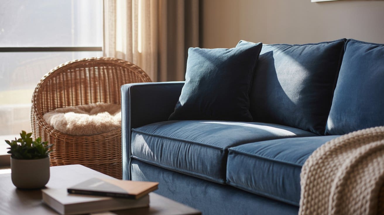 Living room with a performance velvet sofa and a styled round wicker pet bed in the corner, creating a pet-friendly yet stylish space.