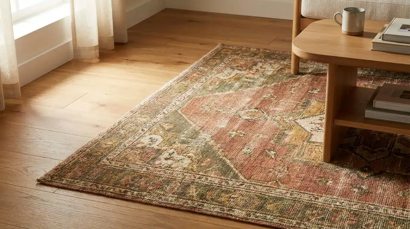Vintage patterned area rug on wooden floor beside a coffee table with books and a cup