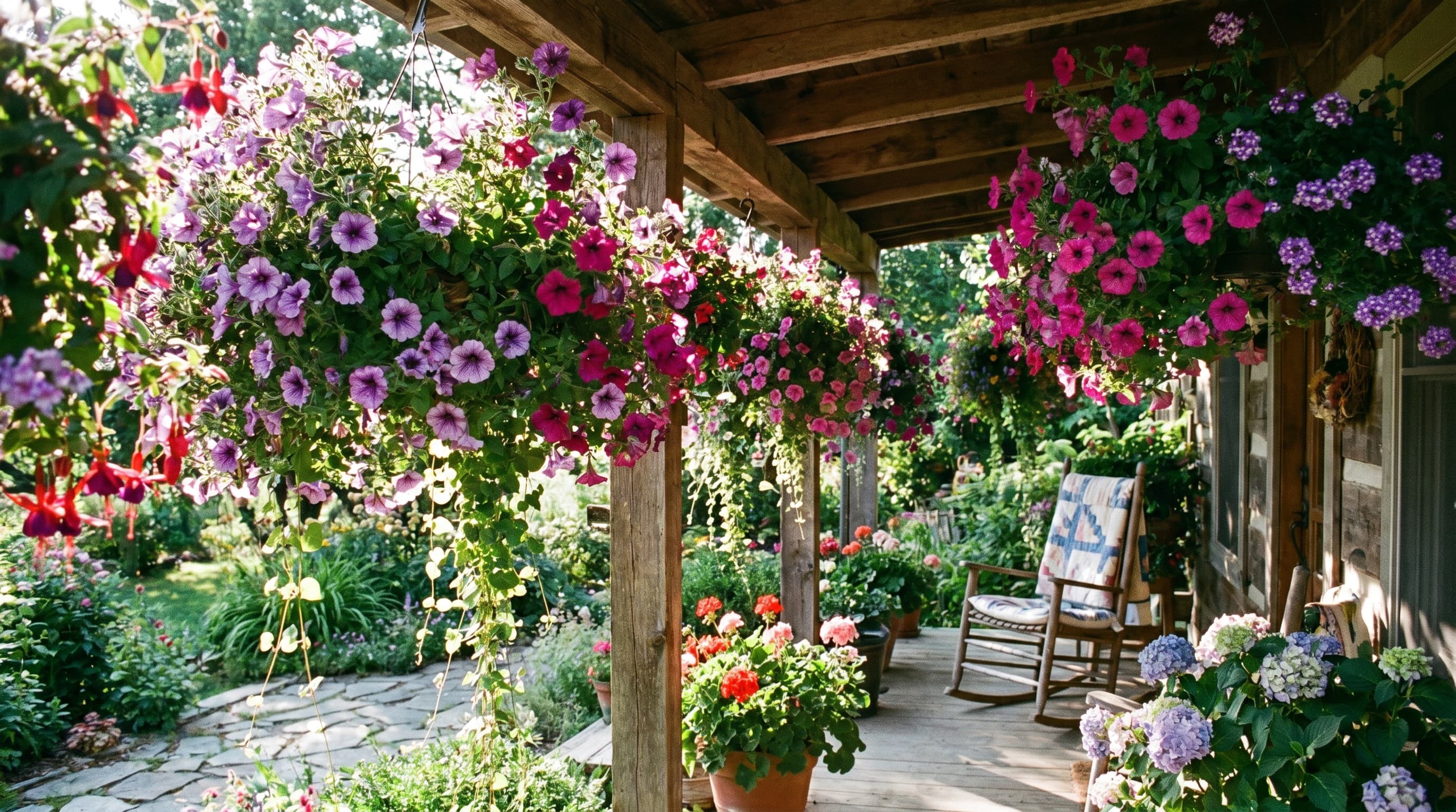 Hanging petunia baskets decorating a rustic porch filled with colorful summer flowers.