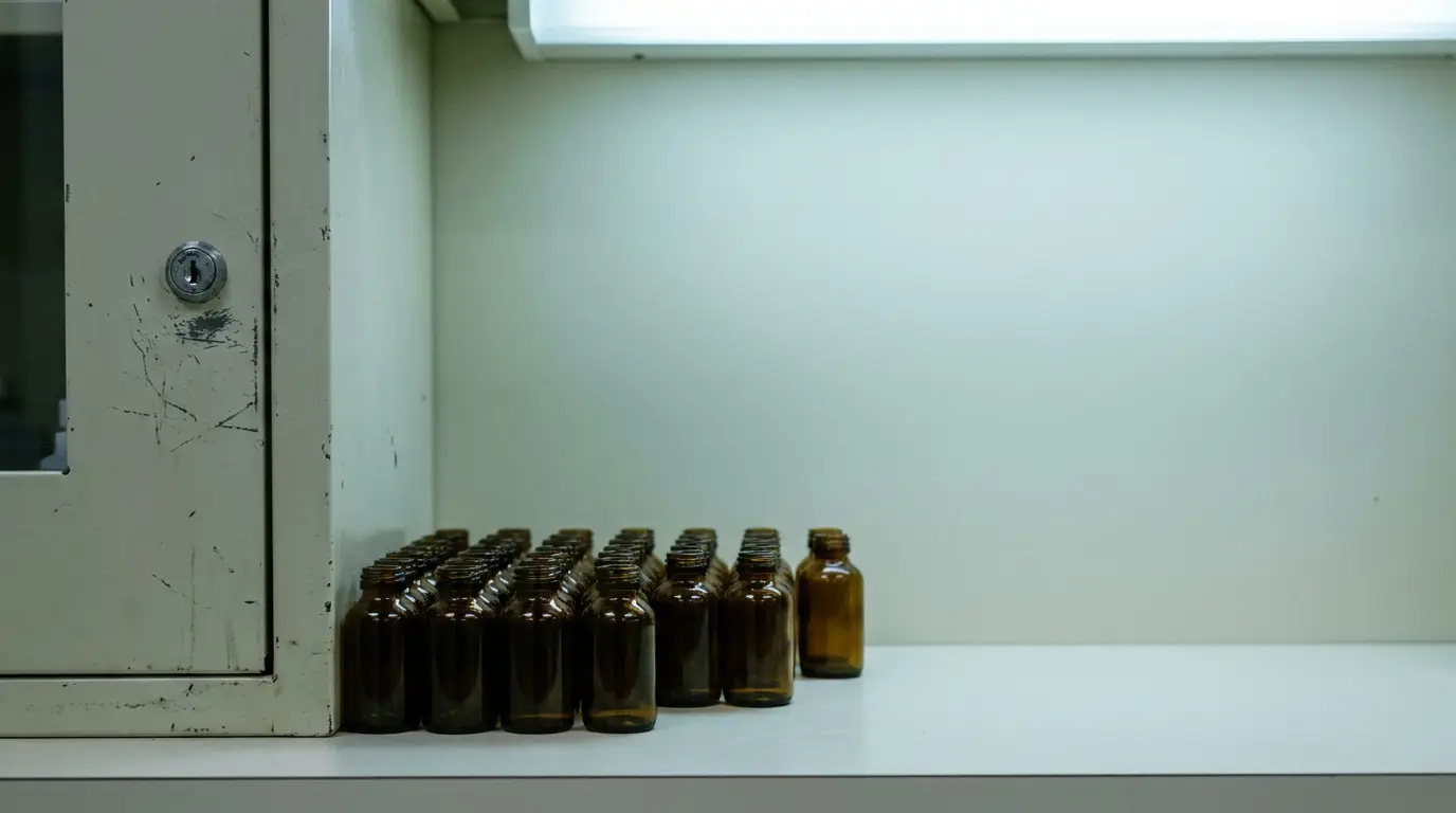 Brown glass bottles neatly arranged on white shelf beside metal cabinet in sterile environment