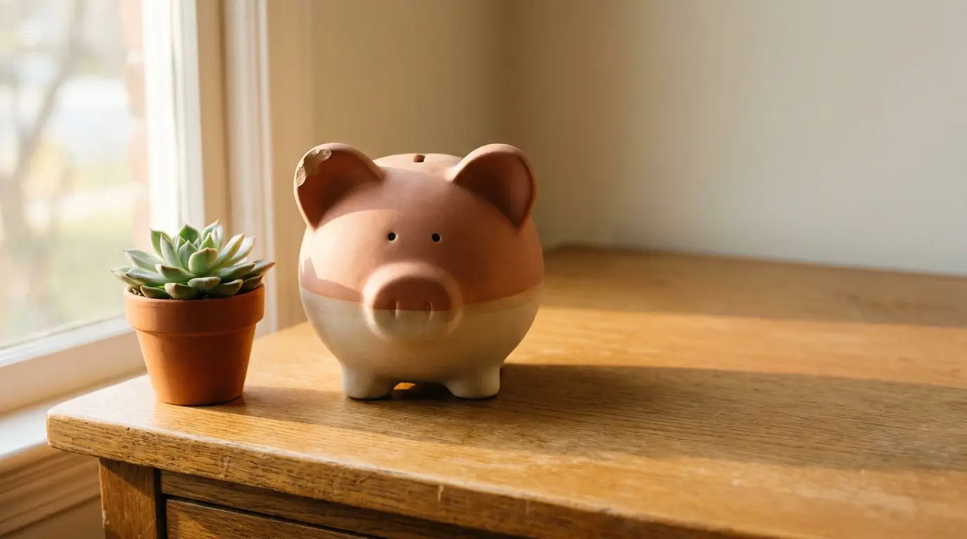 Ceramic piggy bank and small potted succulent on wooden desk in natural daylight