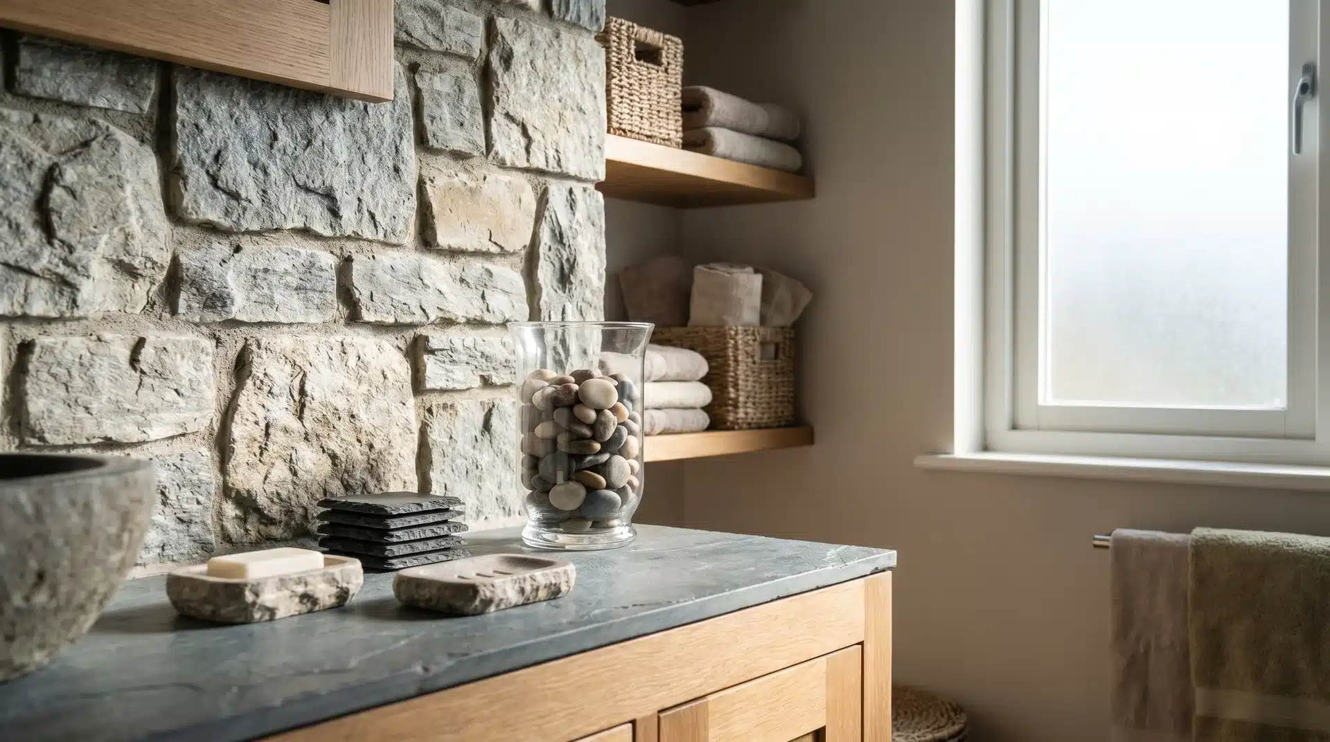 Bathroom counter with a stone sink, slate coasters, a vase of river stones, and a natural stone accent wall next to a window.