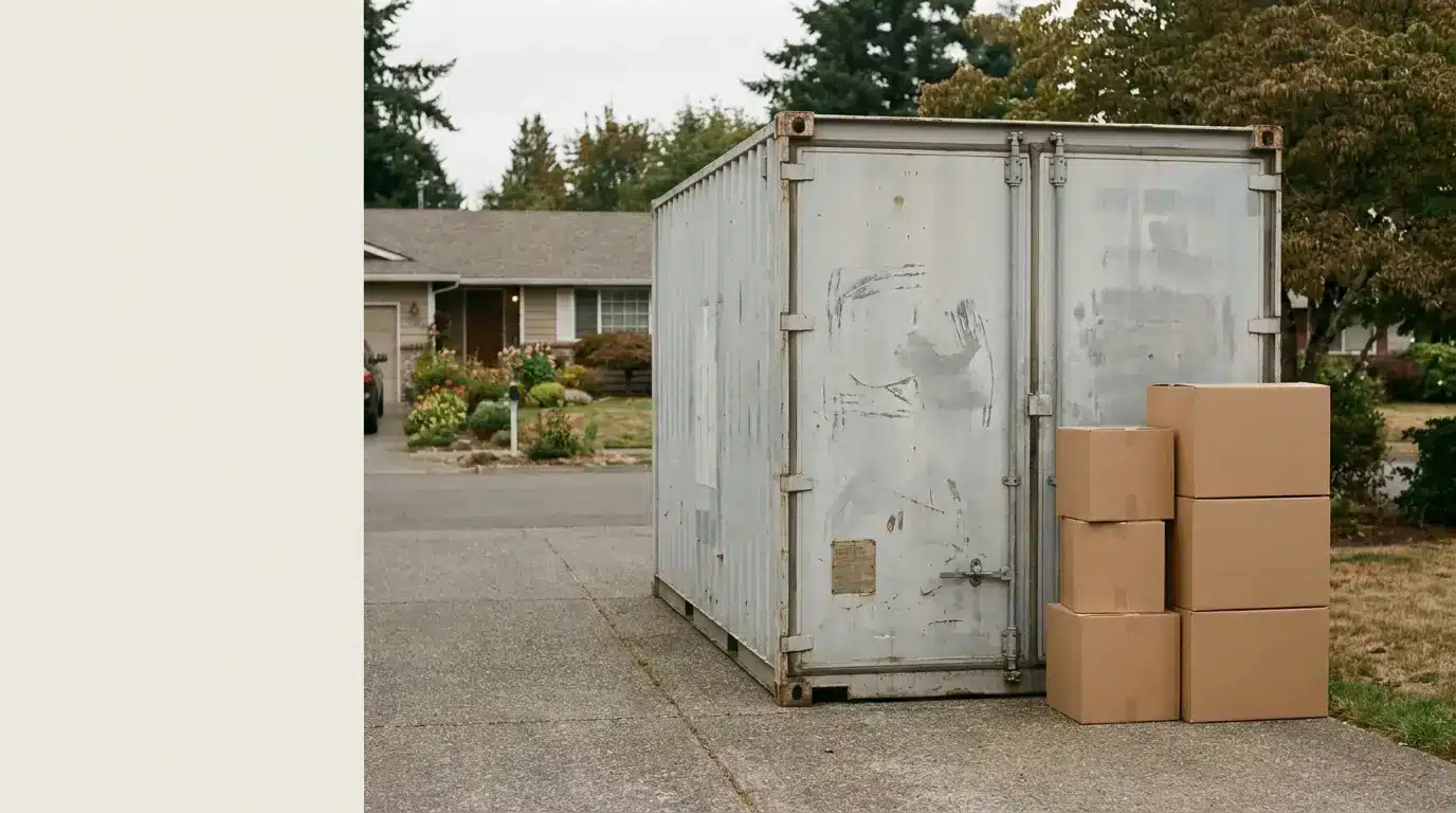Metal storage container with stacked cardboard boxes on driveway in suburban neighborhood