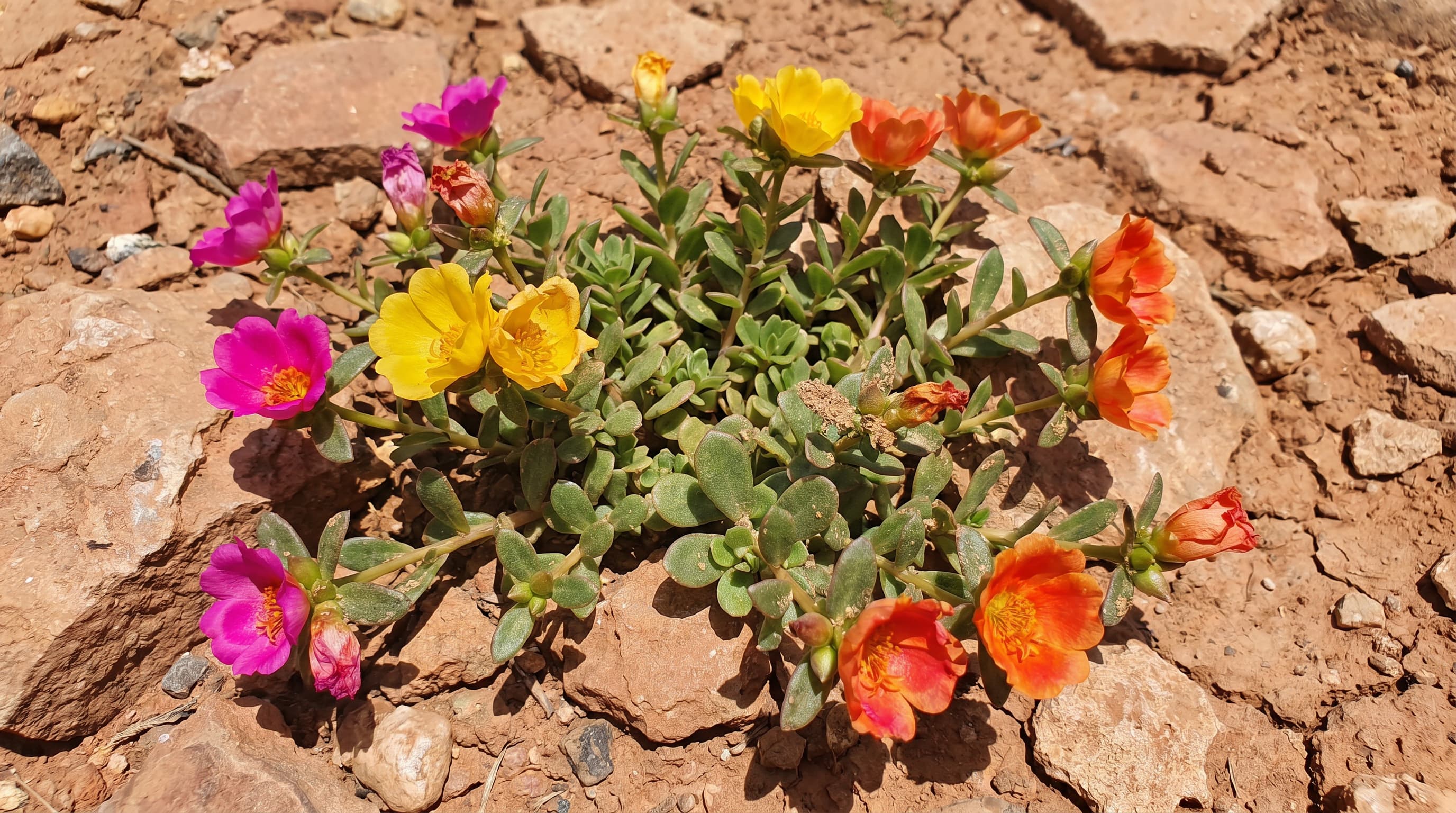 Colorful portulaca flowers blooming among dry rocky desert soil.