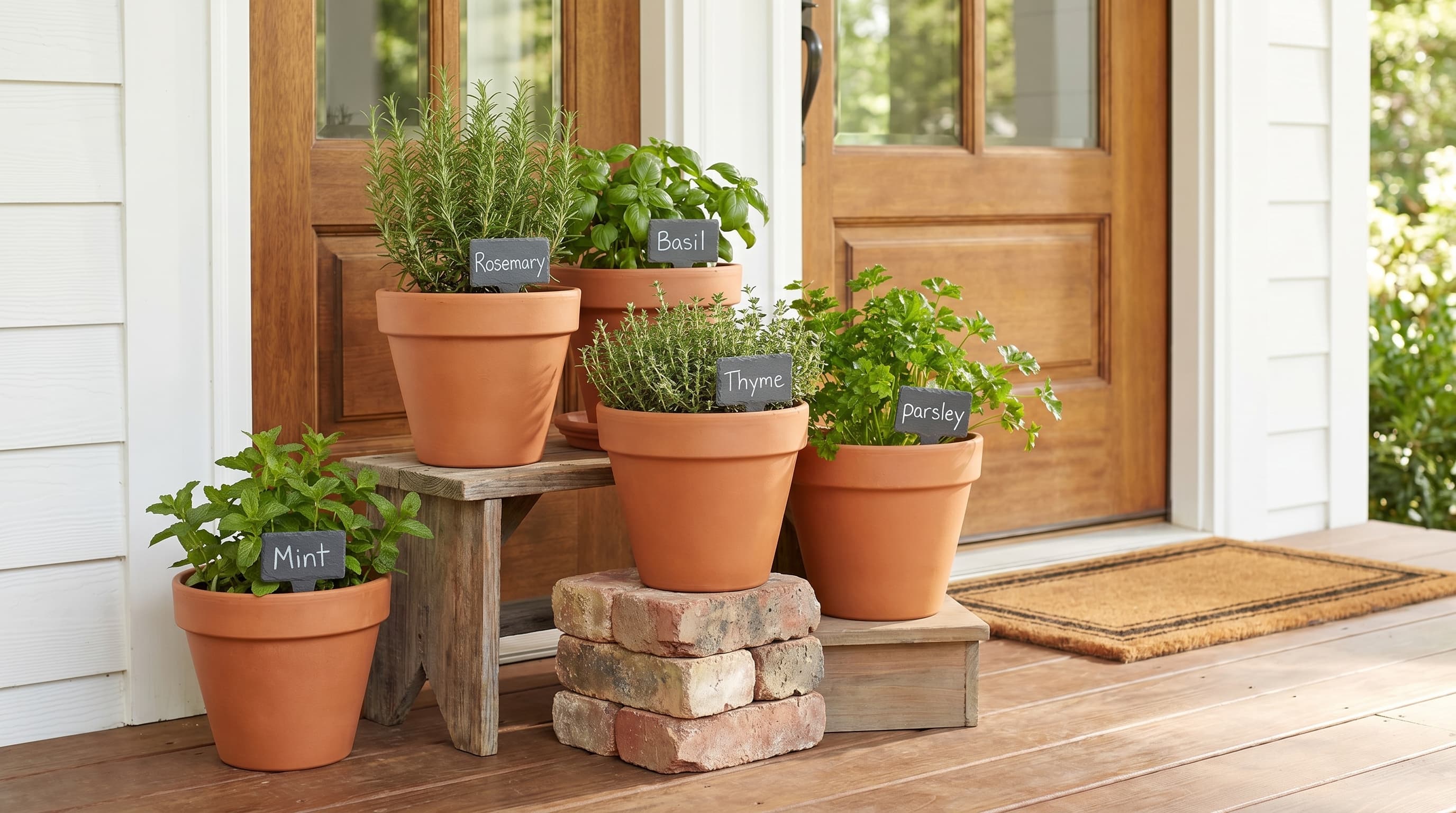 Front porch garden ideas with a cluster of terracotta pots containing rosemary, basil, lavender, and mint near the door.