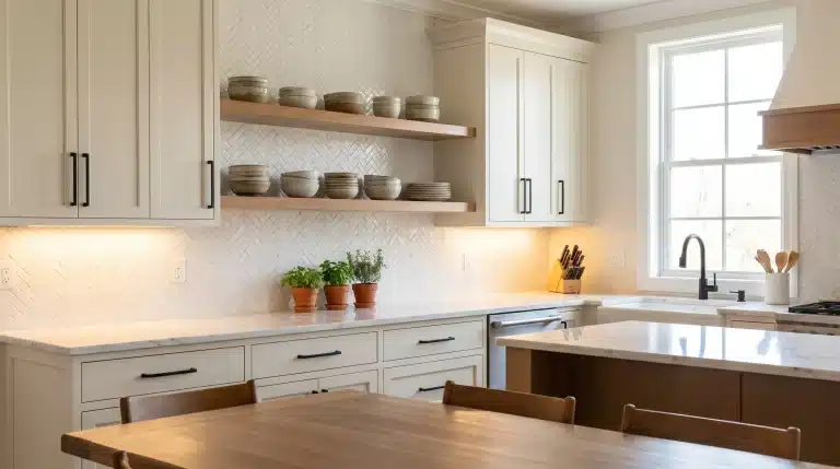 Modern kitchen with open shelving, potted herbs, and white herringbone tile backsplash