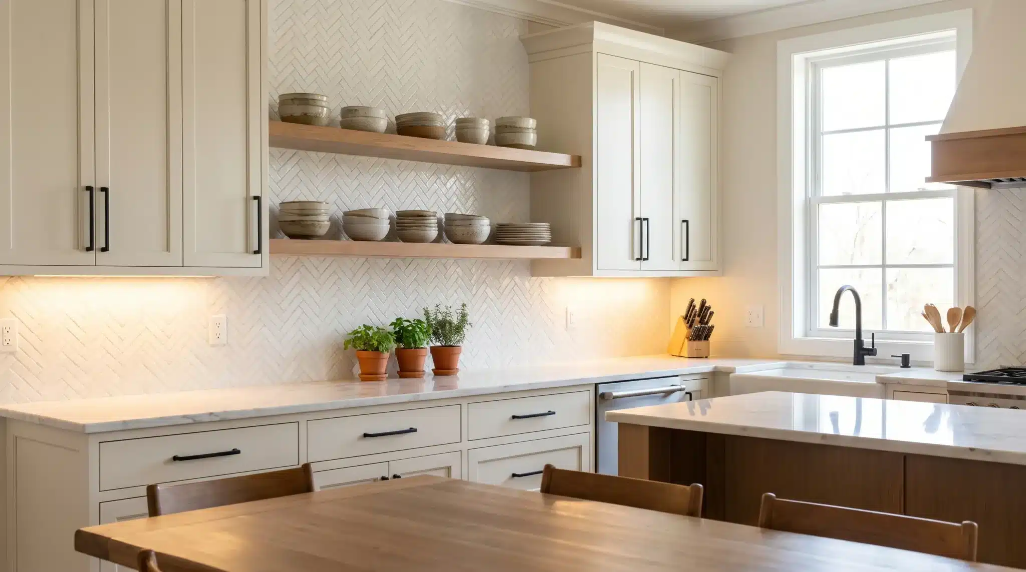 Modern kitchen with open shelving, potted herbs, and white herringbone tile backsplash