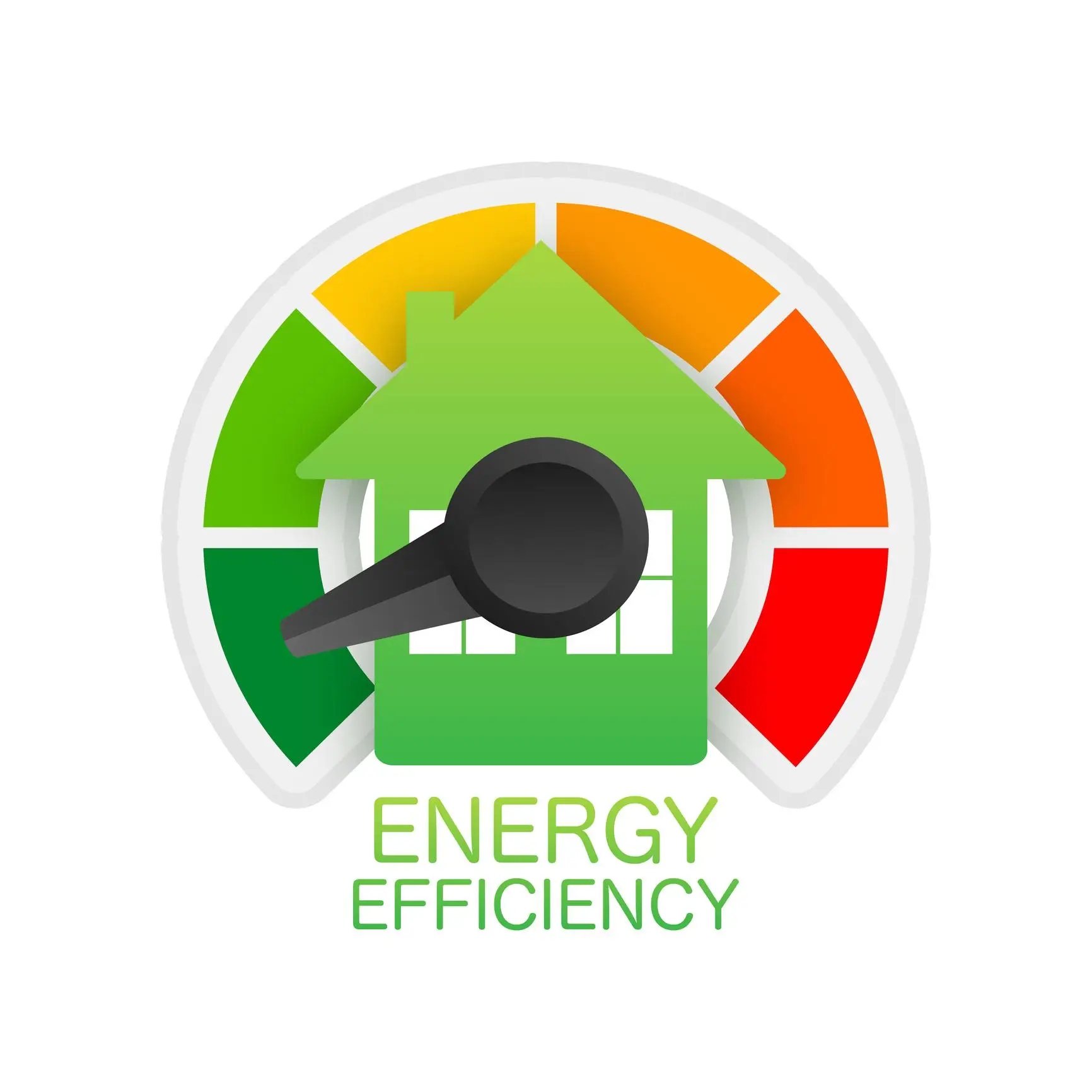 Green house icon on energy efficiency gauge with color gradient from green to red