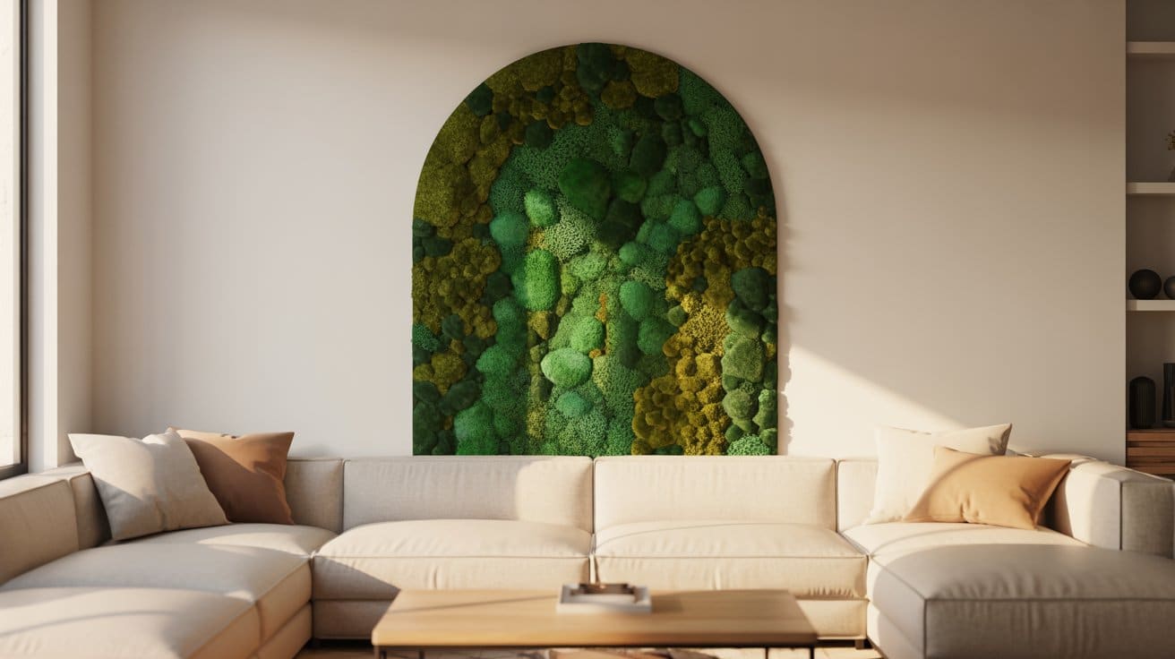 Living room featuring a framed preserved moss panel on a blank wall, adding texture, visual interest, and low-maintenance living wall art.