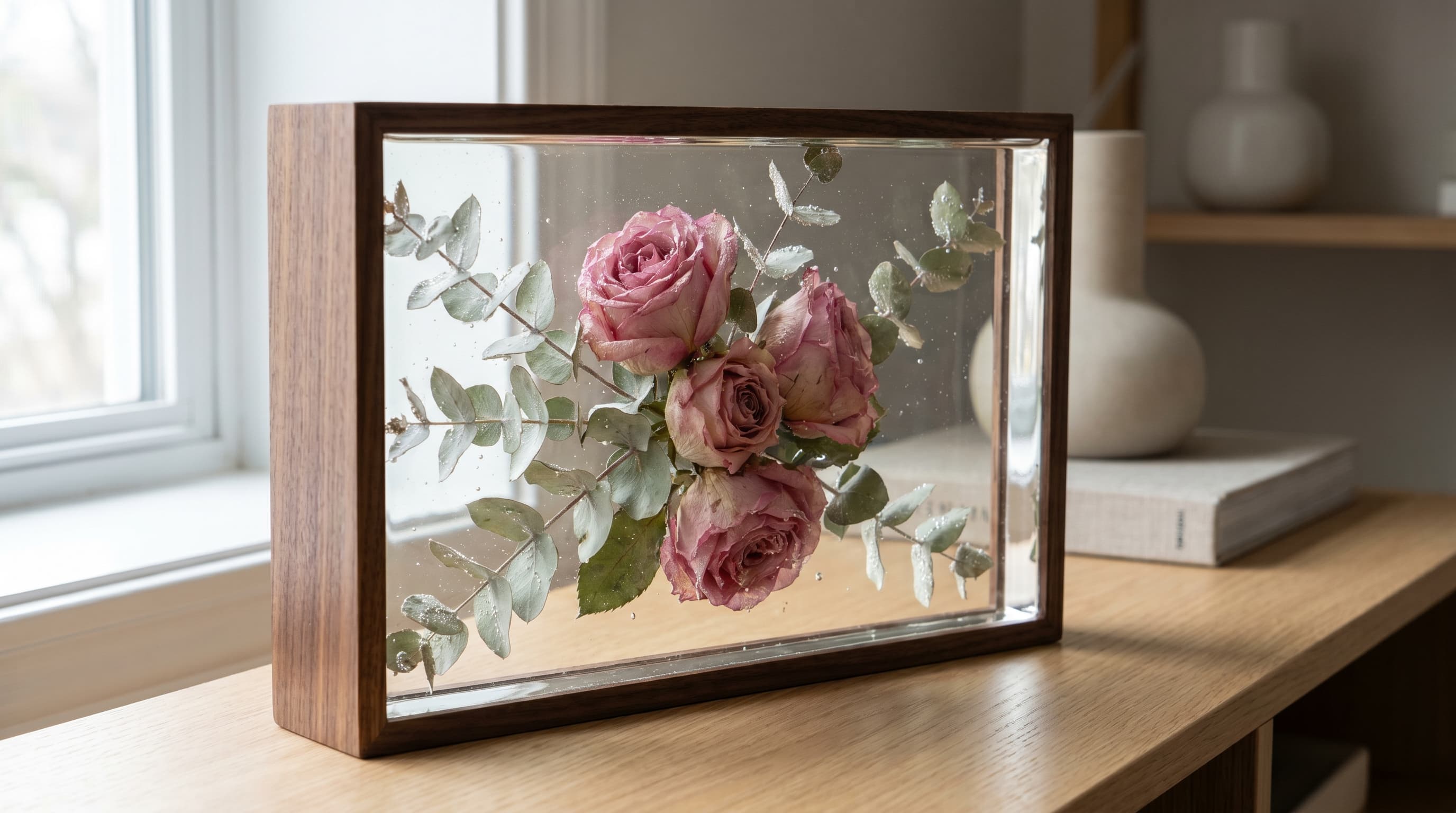 Framed floral preservation display with roses and eucalyptus fully submerged in clear glycerin solution inside a transparent boxed frame, placed in soft natural light with realistic reflections and detailed flower textures.
