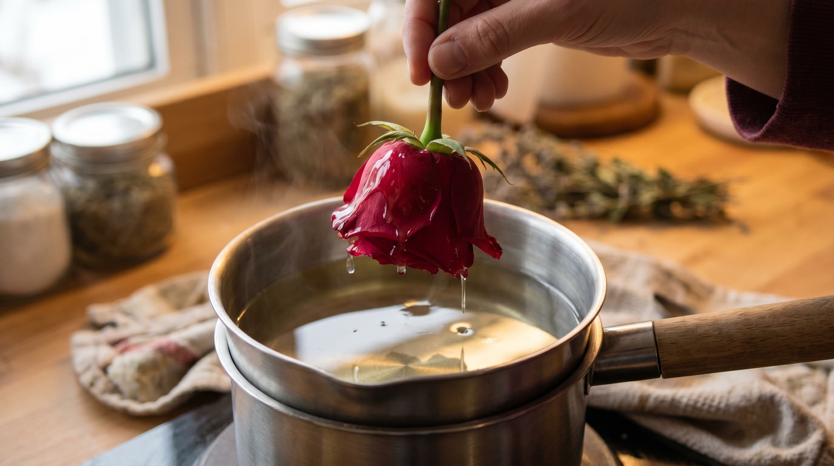 Fresh roses being dipped into melted soy wax in a metal pot, with glossy coated petals, warm indoor lighting, and a realistic home flower preservation setup.