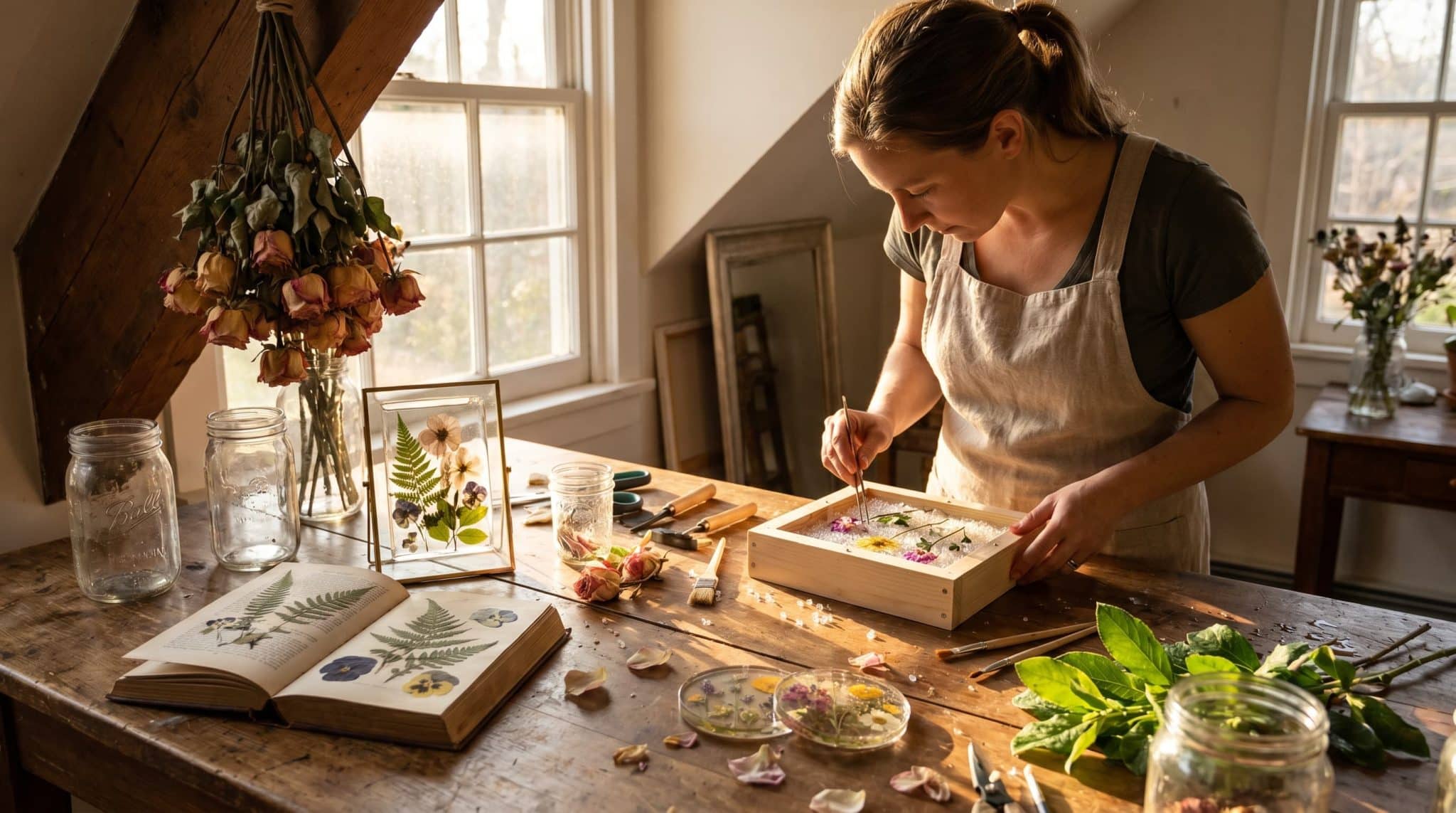 Realistic flower preservation workspace with air-dried bouquets, pressed flowers in a vintage book, resin flower crafts, and preserved blooms on a wooden table in warm natural sunlight.