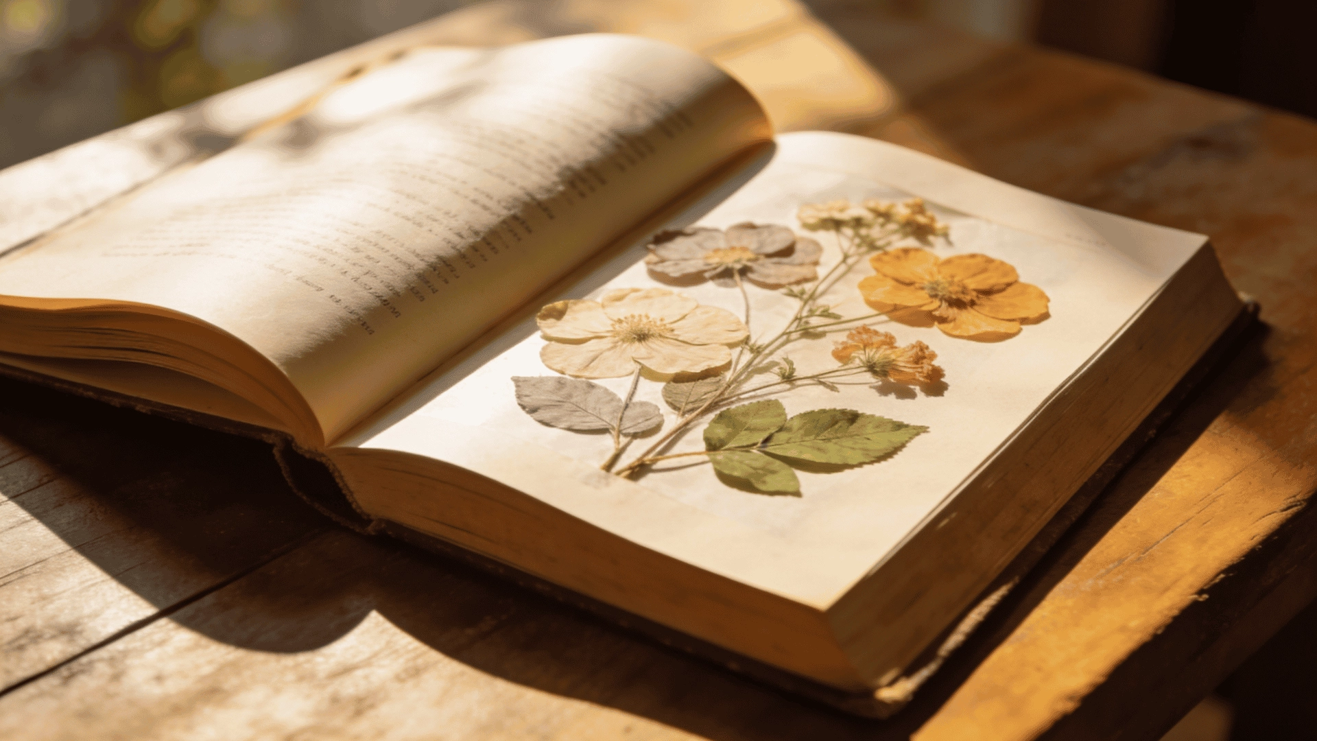 Pressed flowers between paper inside a large book